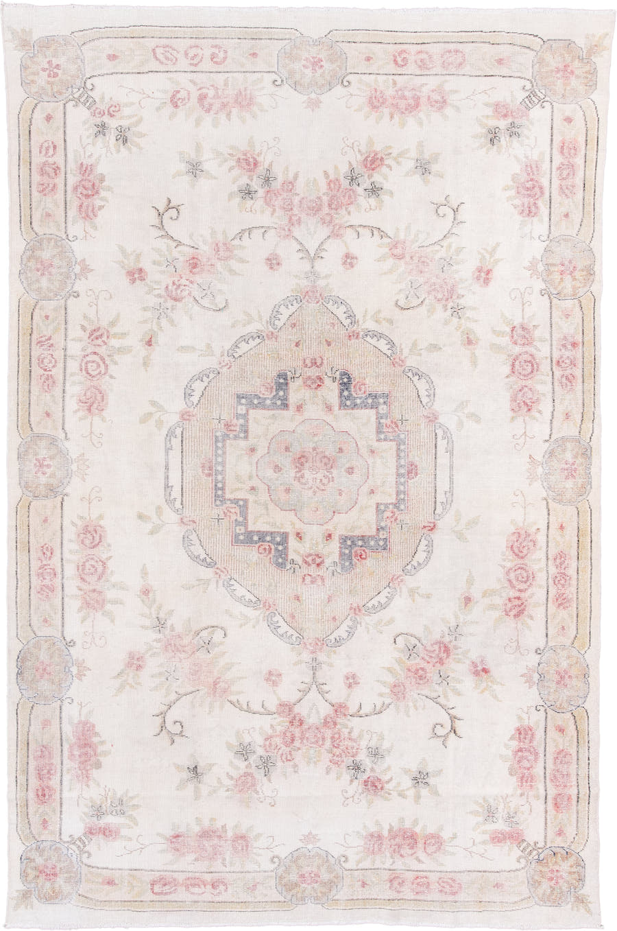 7' x 11' one-of-a-kind handmade vintage Sparta large size rug. Color palette: ivory, blush, beige, pale gray, soft blue