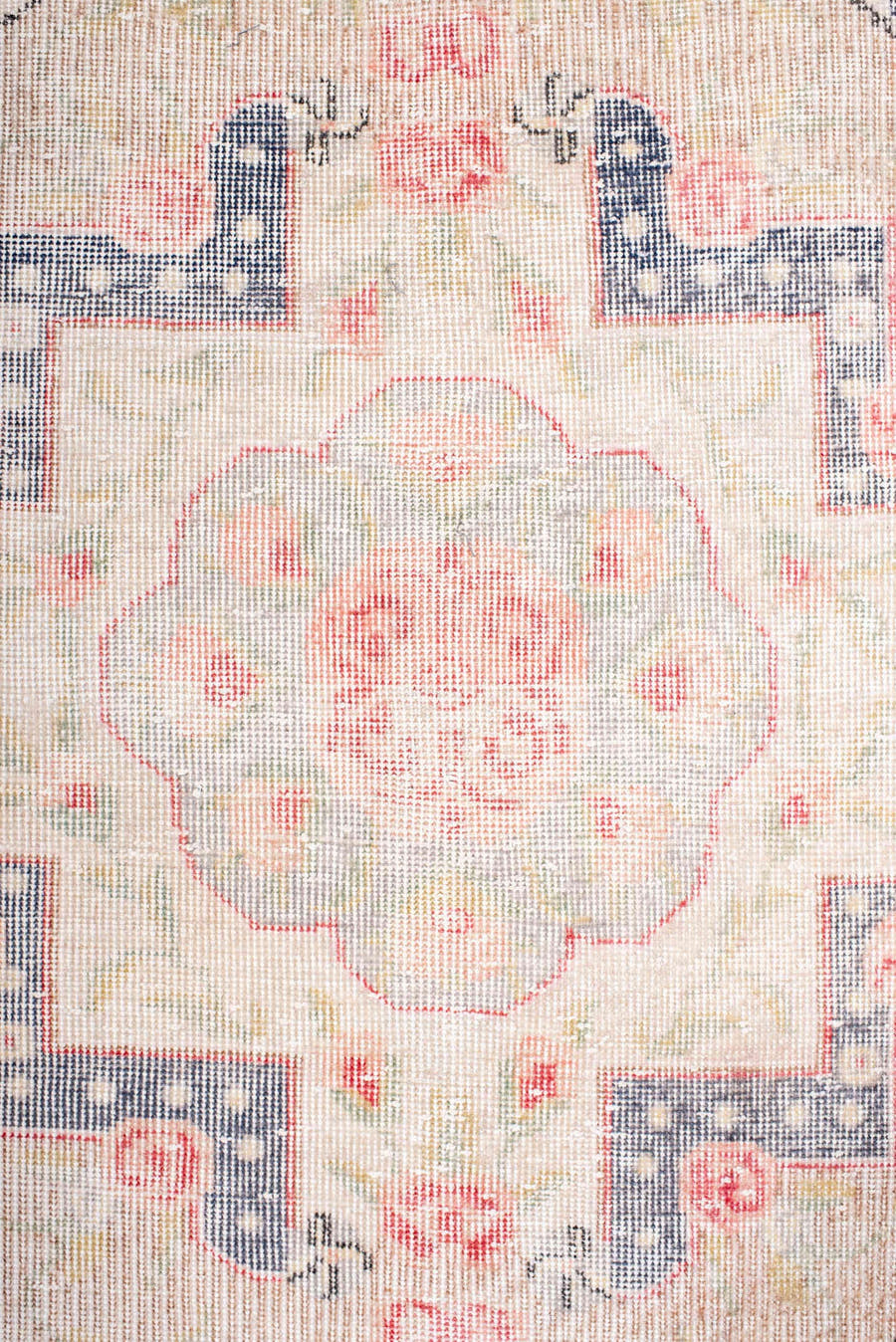 7' x 11' one-of-a-kind handmade vintage Sparta large size rug. Color palette: ivory, blush, beige, pale gray, soft blue