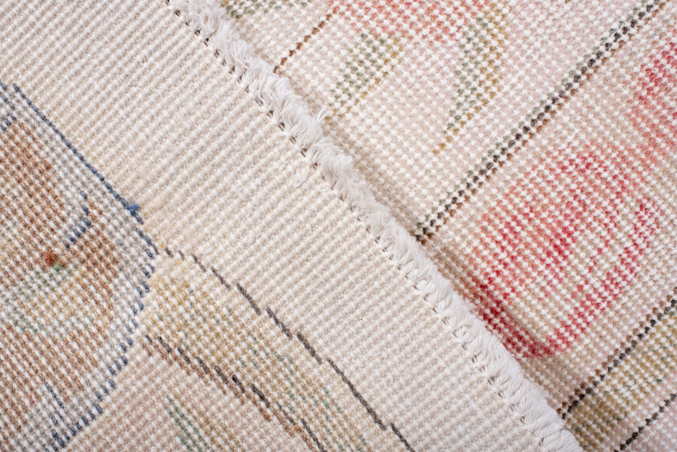 7' x 11' one-of-a-kind handmade vintage Sparta large size rug. Color palette: ivory, blush, beige, pale gray, soft blue