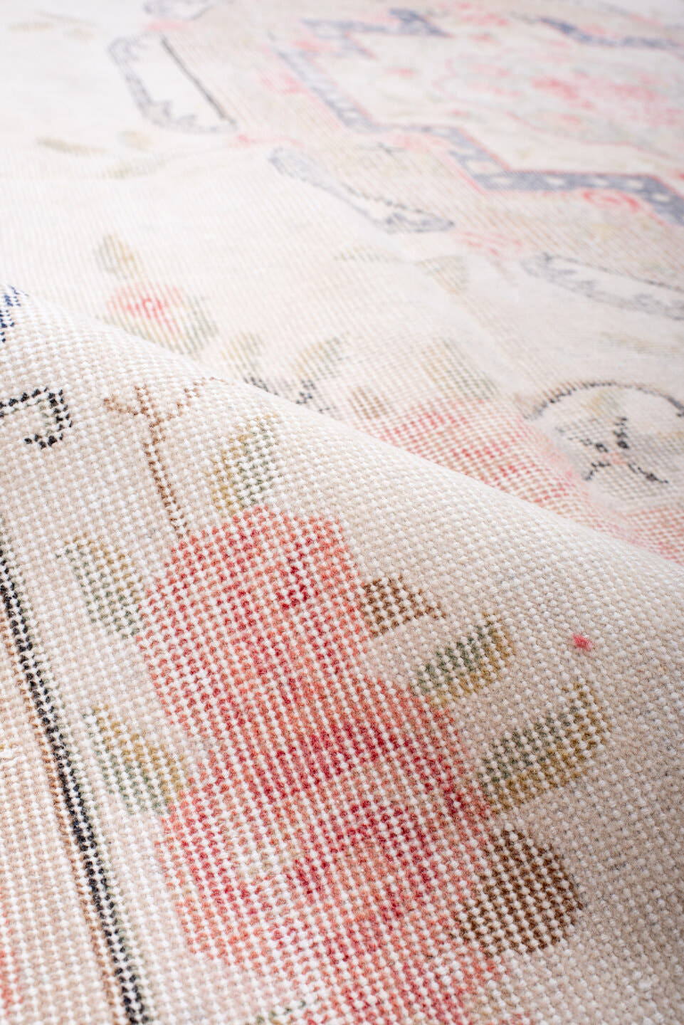 7' x 11' one-of-a-kind handmade vintage Sparta large size rug. Color palette: ivory, blush, beige, pale gray, soft blue