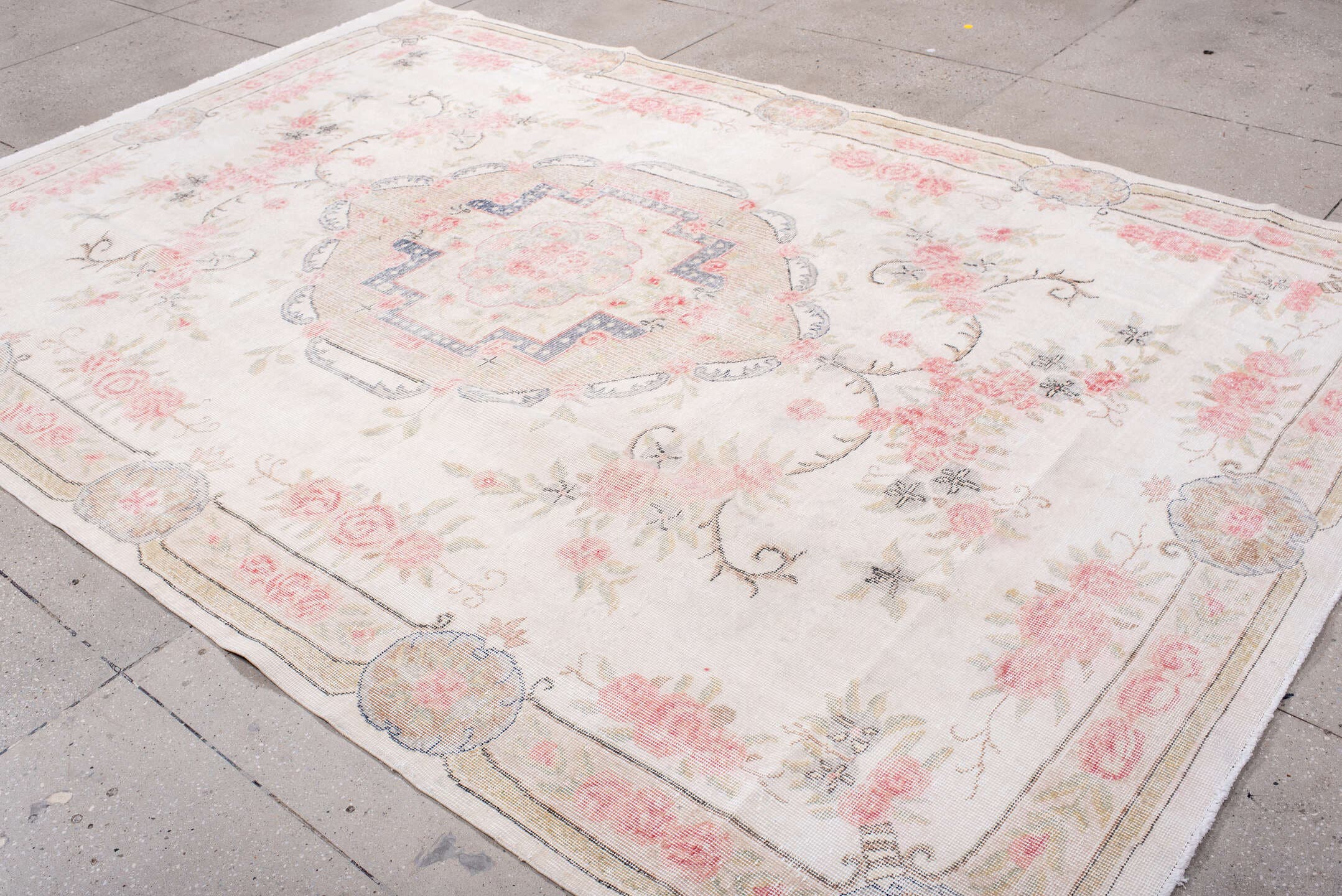 7' x 11' one-of-a-kind handmade vintage Sparta large size rug. Color palette: ivory, blush, beige, pale gray, soft blue