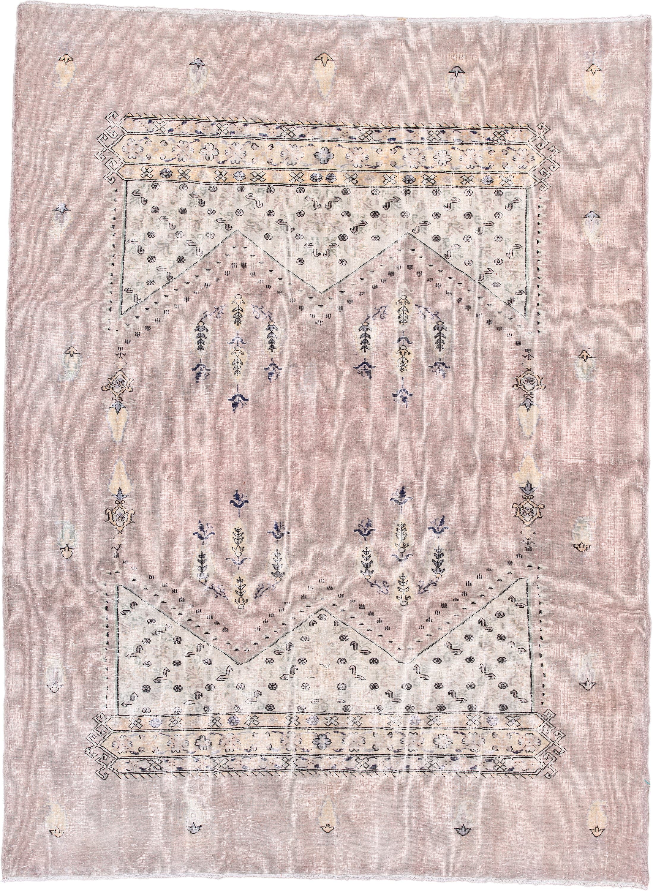 8' x 10' one-of-a-kind handmade vintage Sparta large size rug. Color palette: blush, ivory, charcoal, taupe, cream, slate