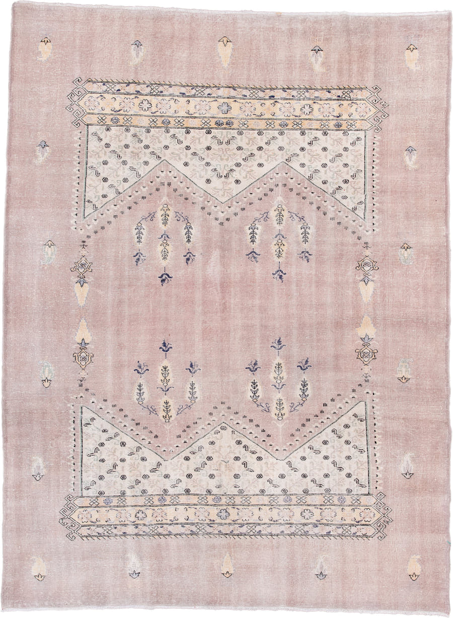 8' x 10' one-of-a-kind handmade vintage Sparta large size rug. Color palette: blush, ivory, charcoal, taupe, cream, slate