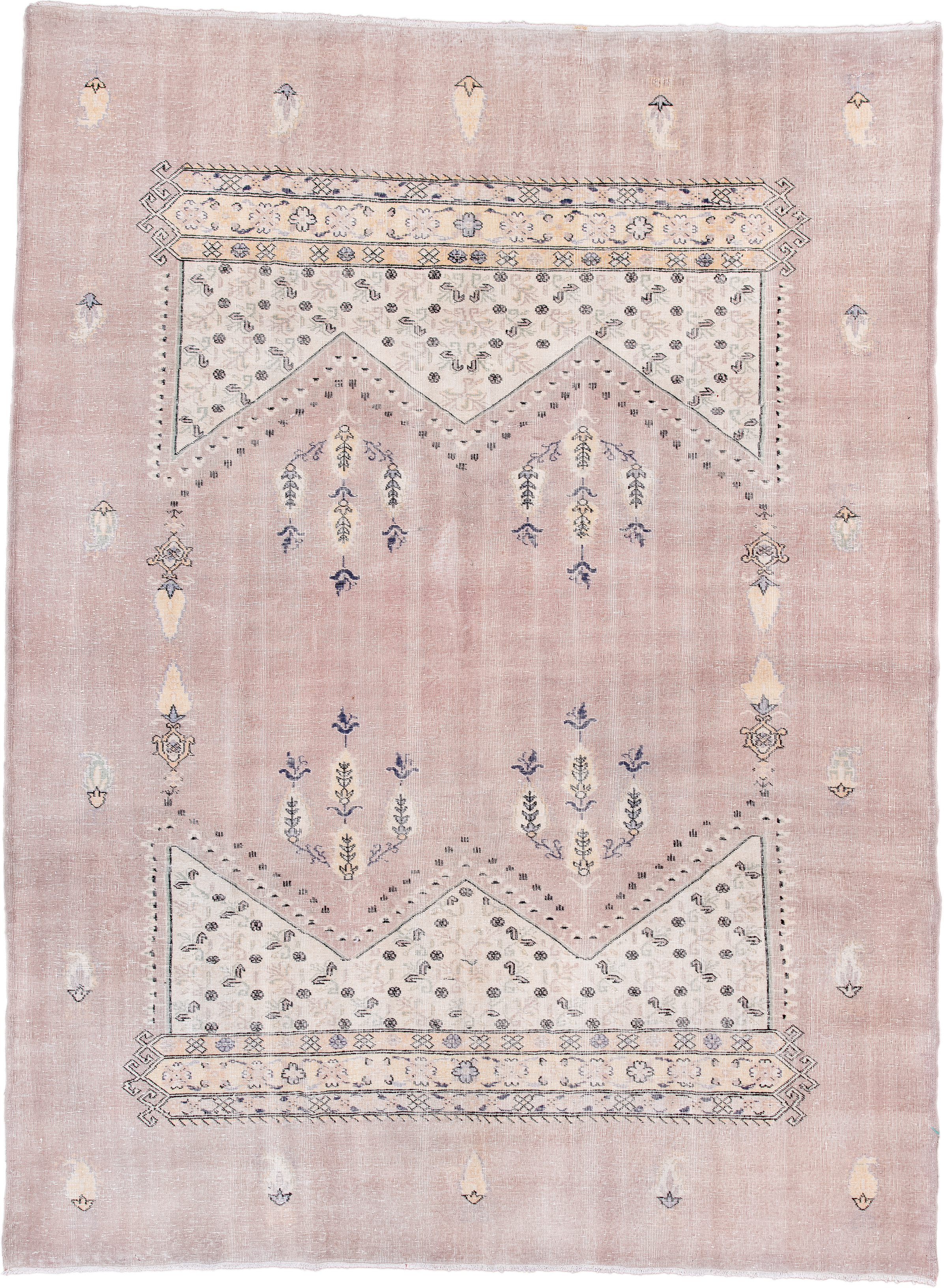 8' x 10' one-of-a-kind handmade vintage Sparta large size rug. Color palette: blush, ivory, charcoal, taupe, cream, slate