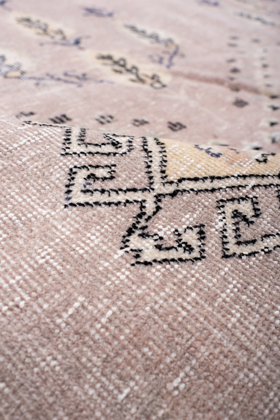 8' x 10' one-of-a-kind handmade vintage Sparta large size rug. Color palette: blush, ivory, charcoal, taupe, cream, slate