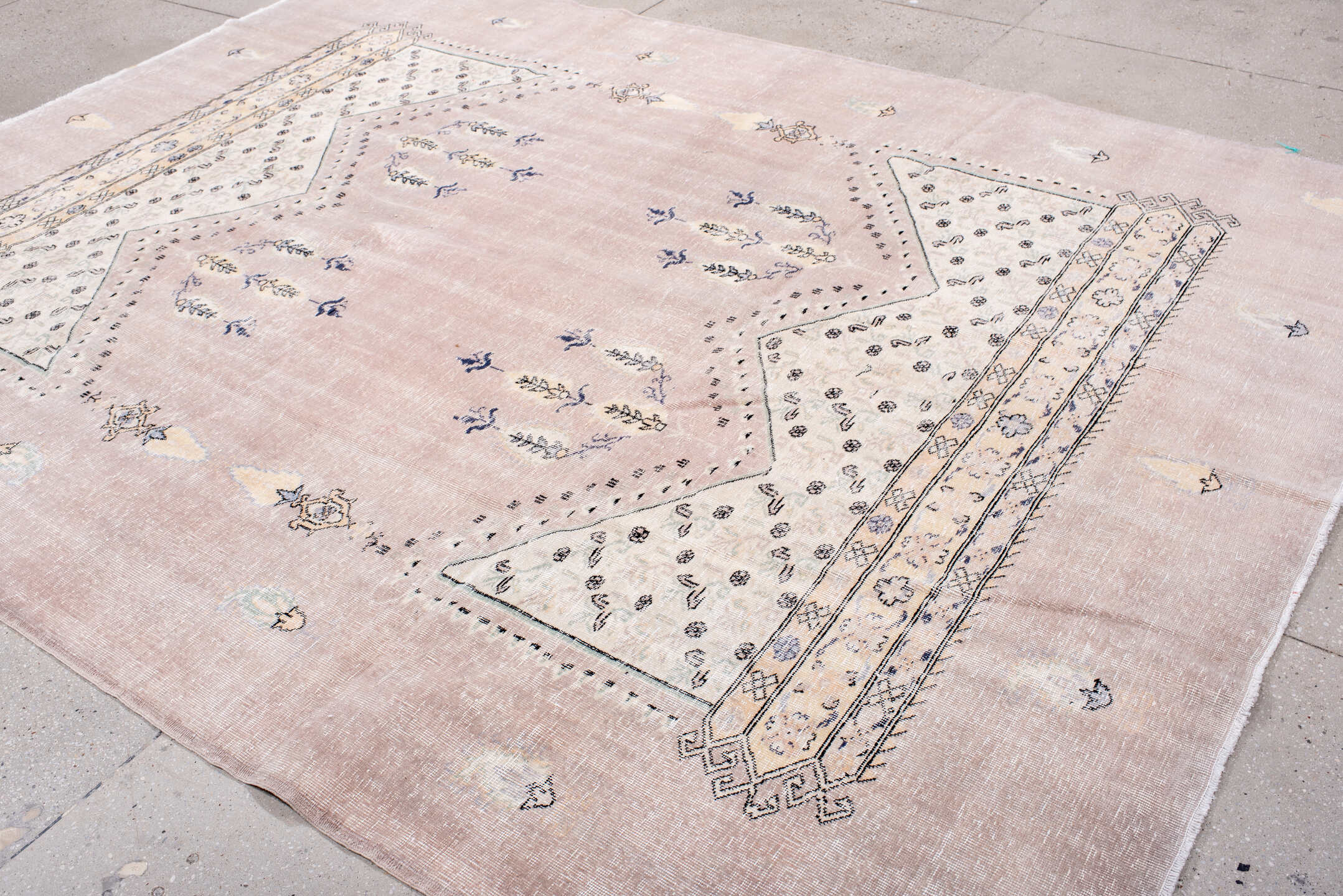 8' x 10' one-of-a-kind handmade vintage Sparta large size rug. Color palette: blush, ivory, charcoal, taupe, cream, slate