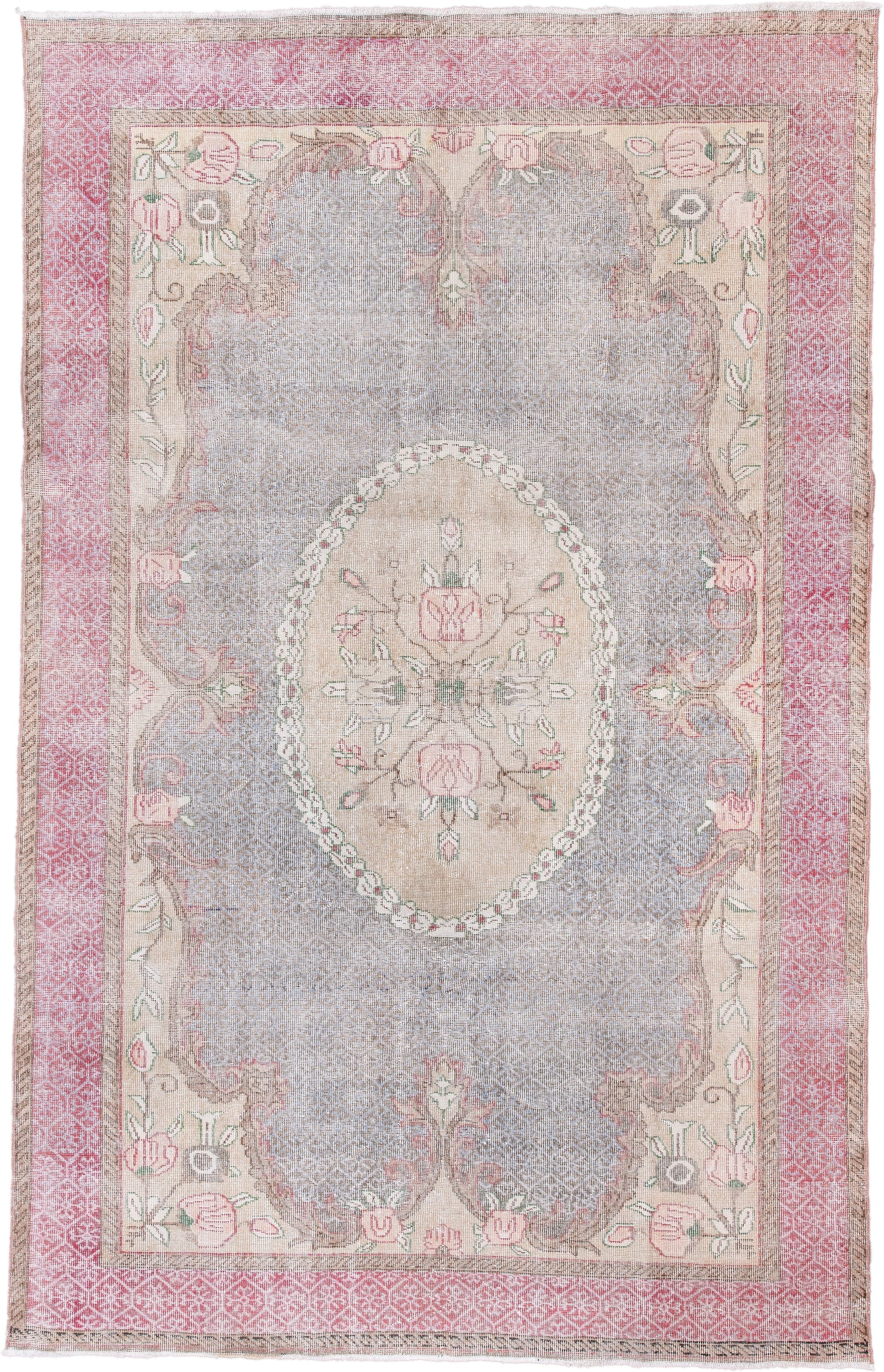 6' x 10' one-of-a-kind handmade vintage Sparta large size rug. Color palette: blush, ivory, taupe, soft gray, rose, sage
