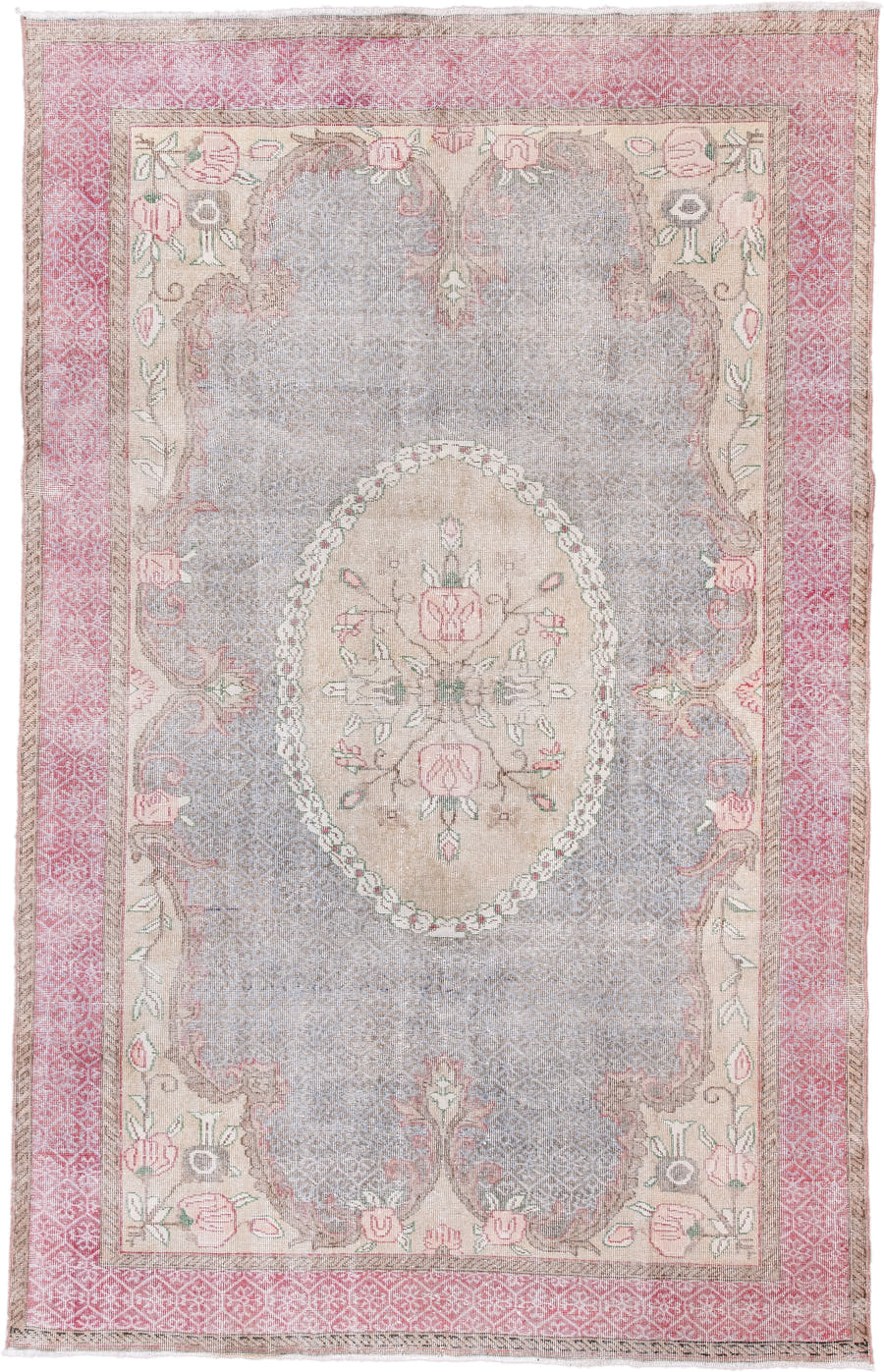6' x 10' one-of-a-kind handmade vintage Sparta large size rug. Color palette: blush, ivory, taupe, soft gray, rose, sage