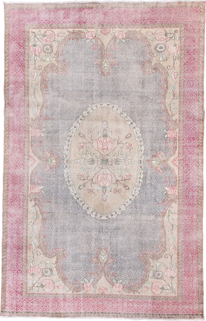 6' x 10' one-of-a-kind handmade vintage Sparta large size rug. Color palette: blush, ivory, taupe, soft gray, rose, sage