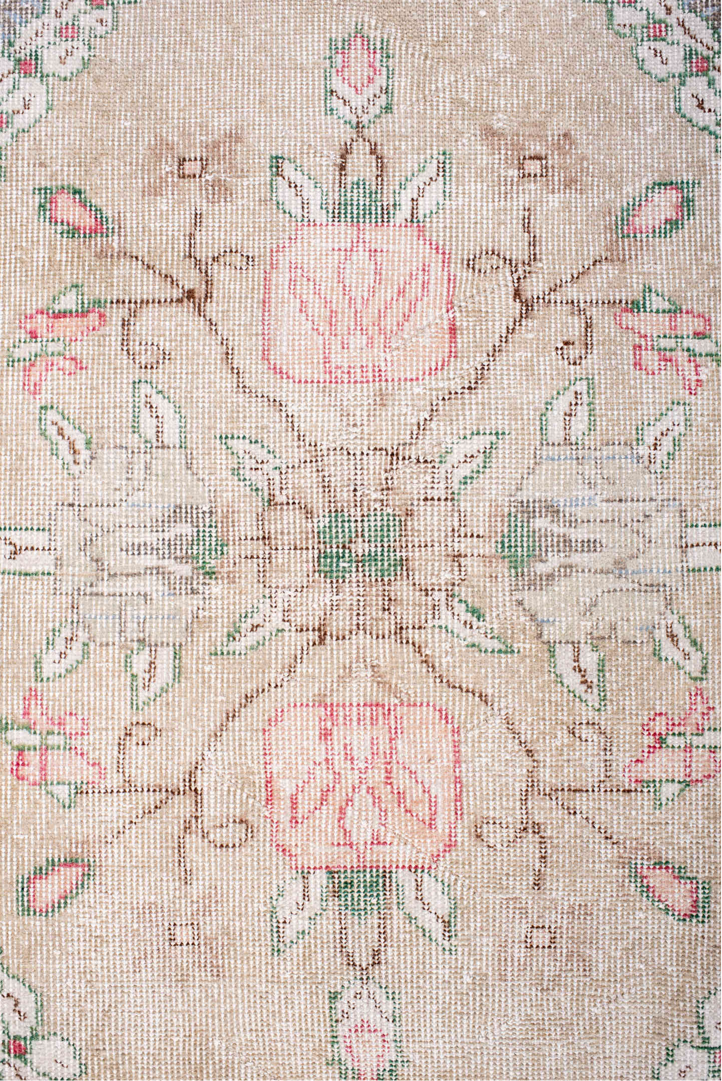 6' x 10' one-of-a-kind handmade vintage Sparta large size rug. Color palette: blush, ivory, taupe, soft gray, rose, sage