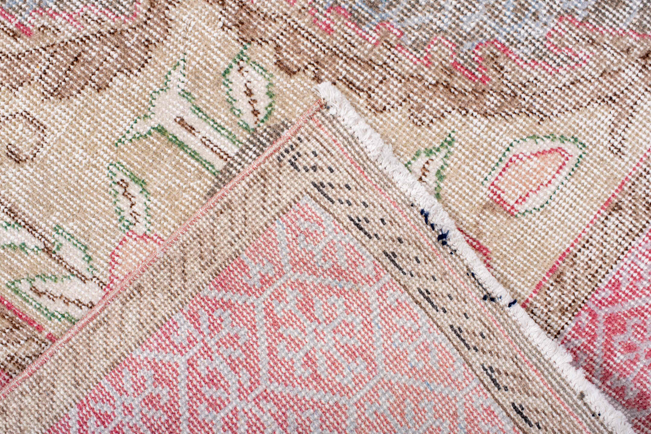 6' x 10' one-of-a-kind handmade vintage Sparta large size rug. Color palette: blush, ivory, taupe, soft gray, rose, sage