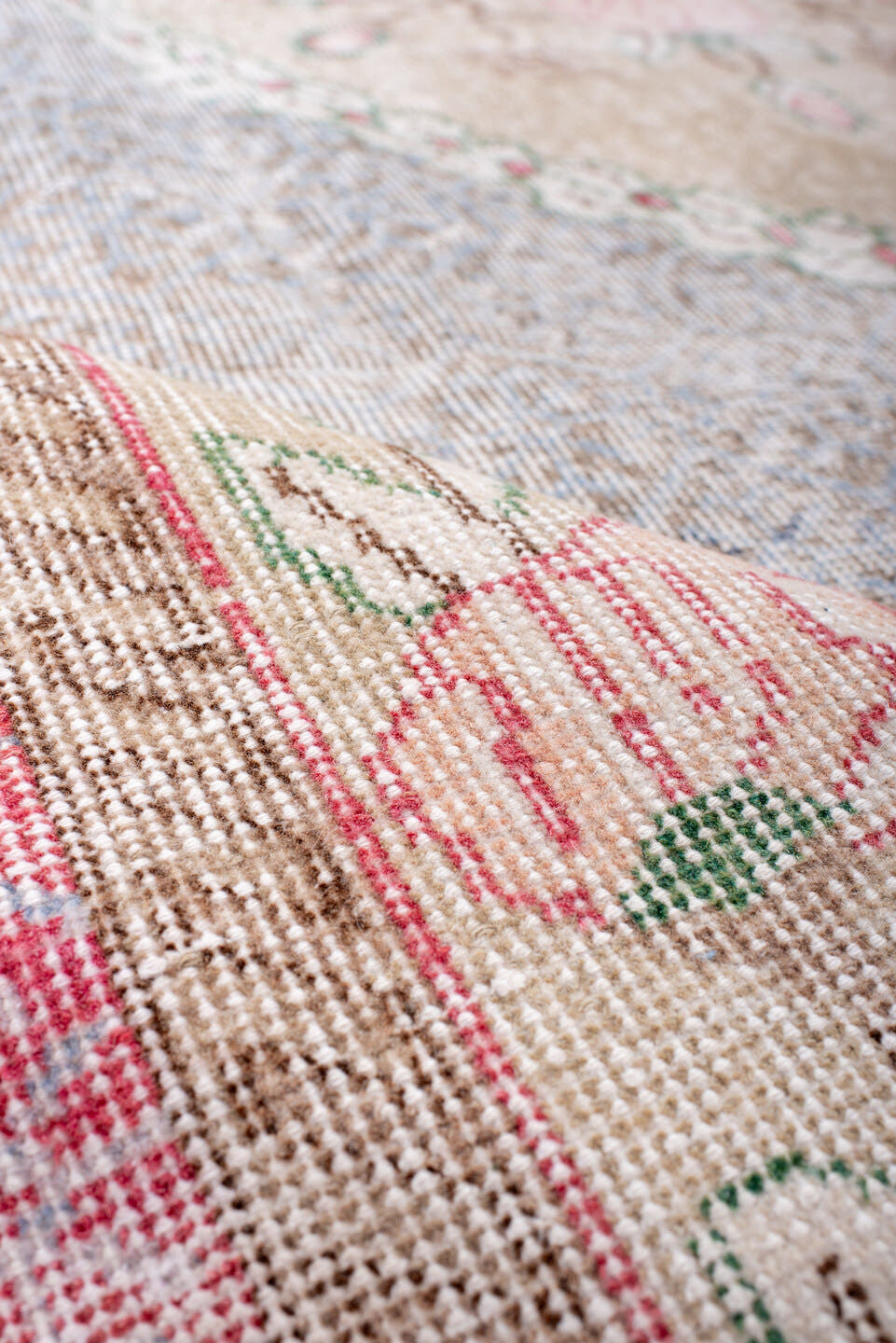 6' x 10' one-of-a-kind handmade vintage Sparta large size rug. Color palette: blush, ivory, taupe, soft gray, rose, sage