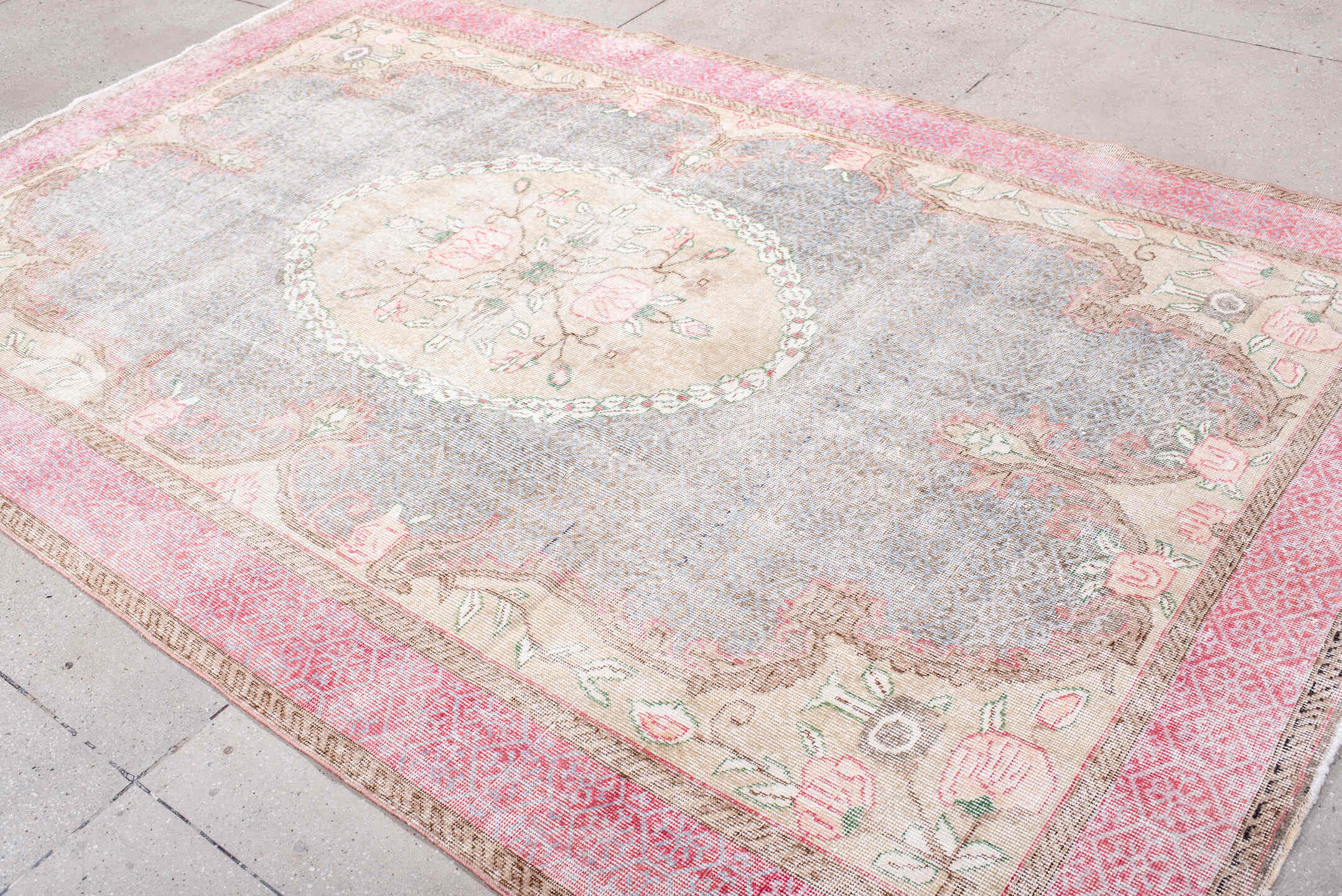 6' x 10' one-of-a-kind handmade vintage Sparta large size rug. Color palette: blush, ivory, taupe, soft gray, rose, sage