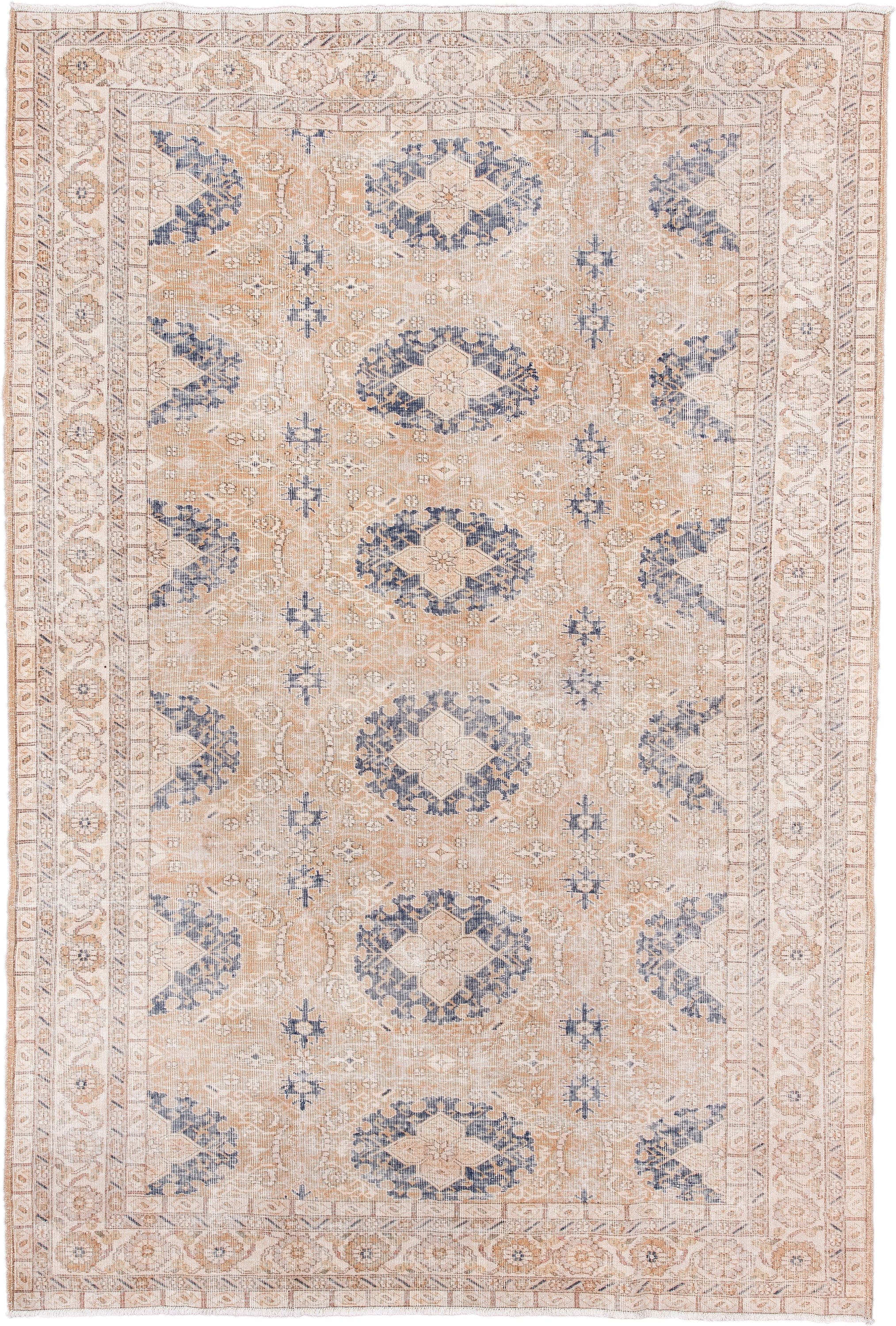 6' x 10' one-of-a-kind handmade vintage Sparta large size rug. Color palette: ivory, peach, beige, indigo, taupe, camel
