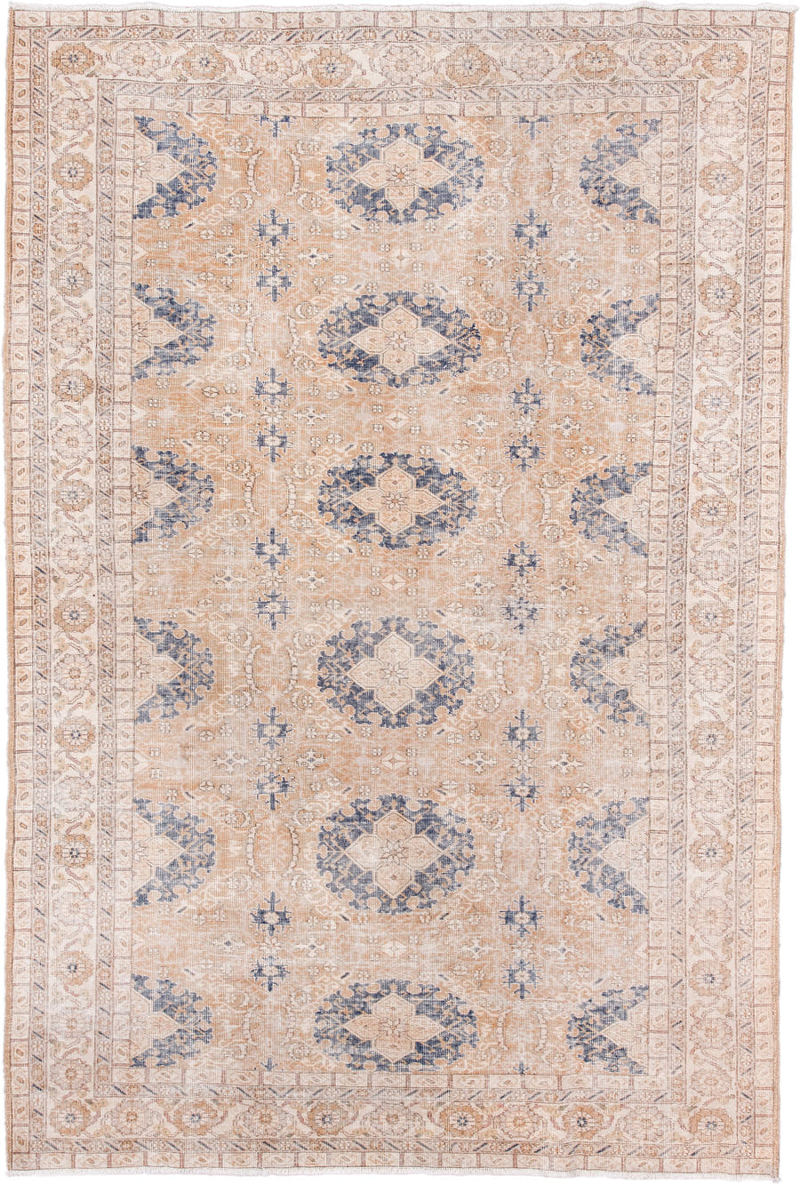 6' x 10' one-of-a-kind handmade vintage Sparta large size rug. Color palette: ivory, peach, beige, indigo, taupe, camel