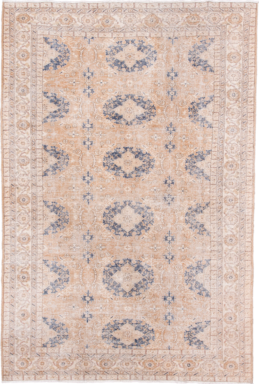 6' x 10' one-of-a-kind handmade vintage Sparta large size rug. Color palette: ivory, peach, beige, indigo, taupe, camel