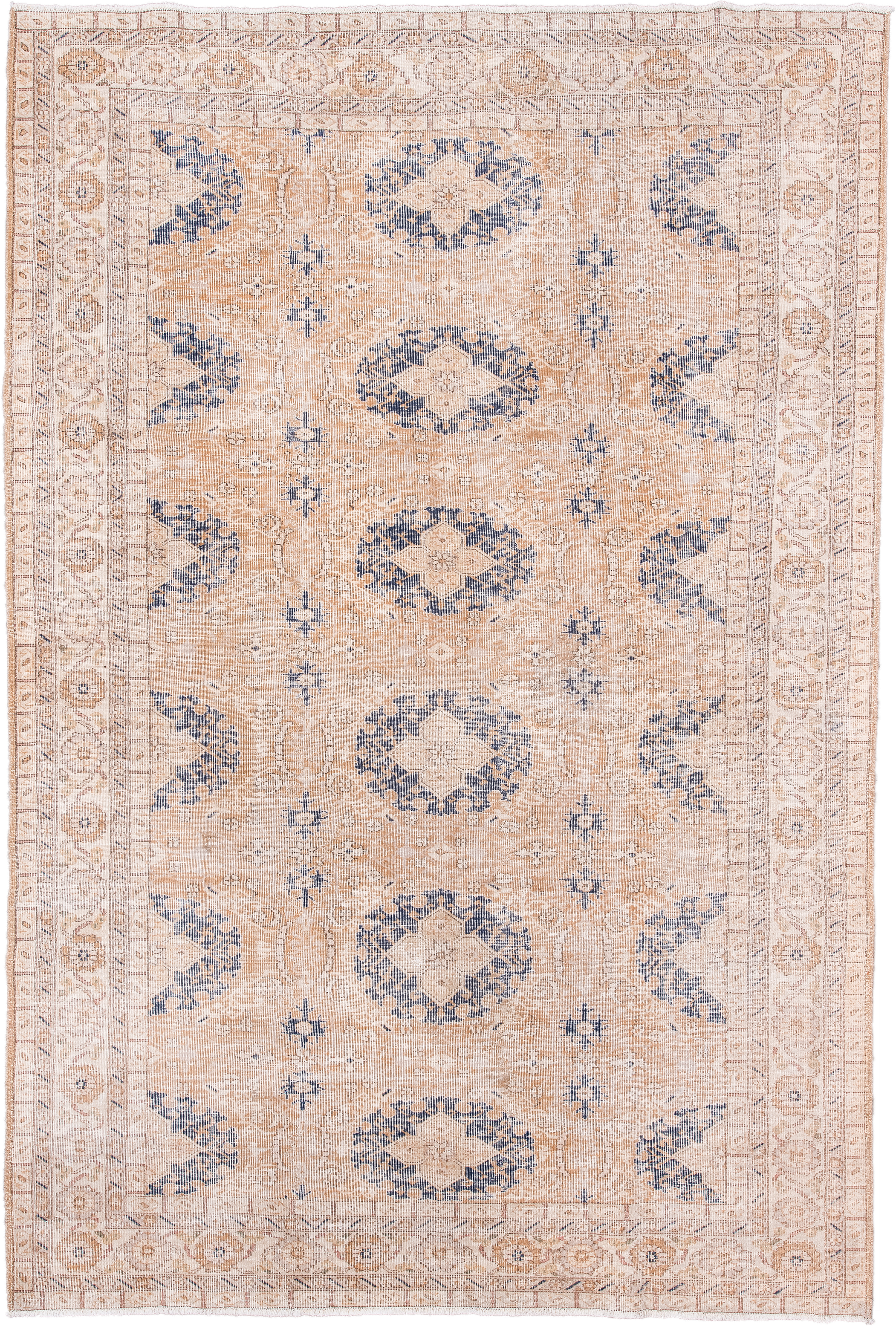 6' x 10' one-of-a-kind handmade vintage Sparta large size rug. Color palette: ivory, peach, beige, indigo, taupe, camel
