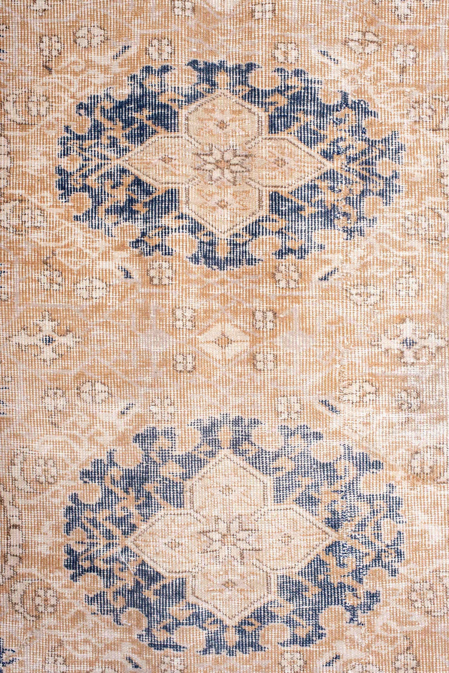 6' x 10' one-of-a-kind handmade vintage Sparta large size rug. Color palette: ivory, peach, beige, indigo, taupe, camel
