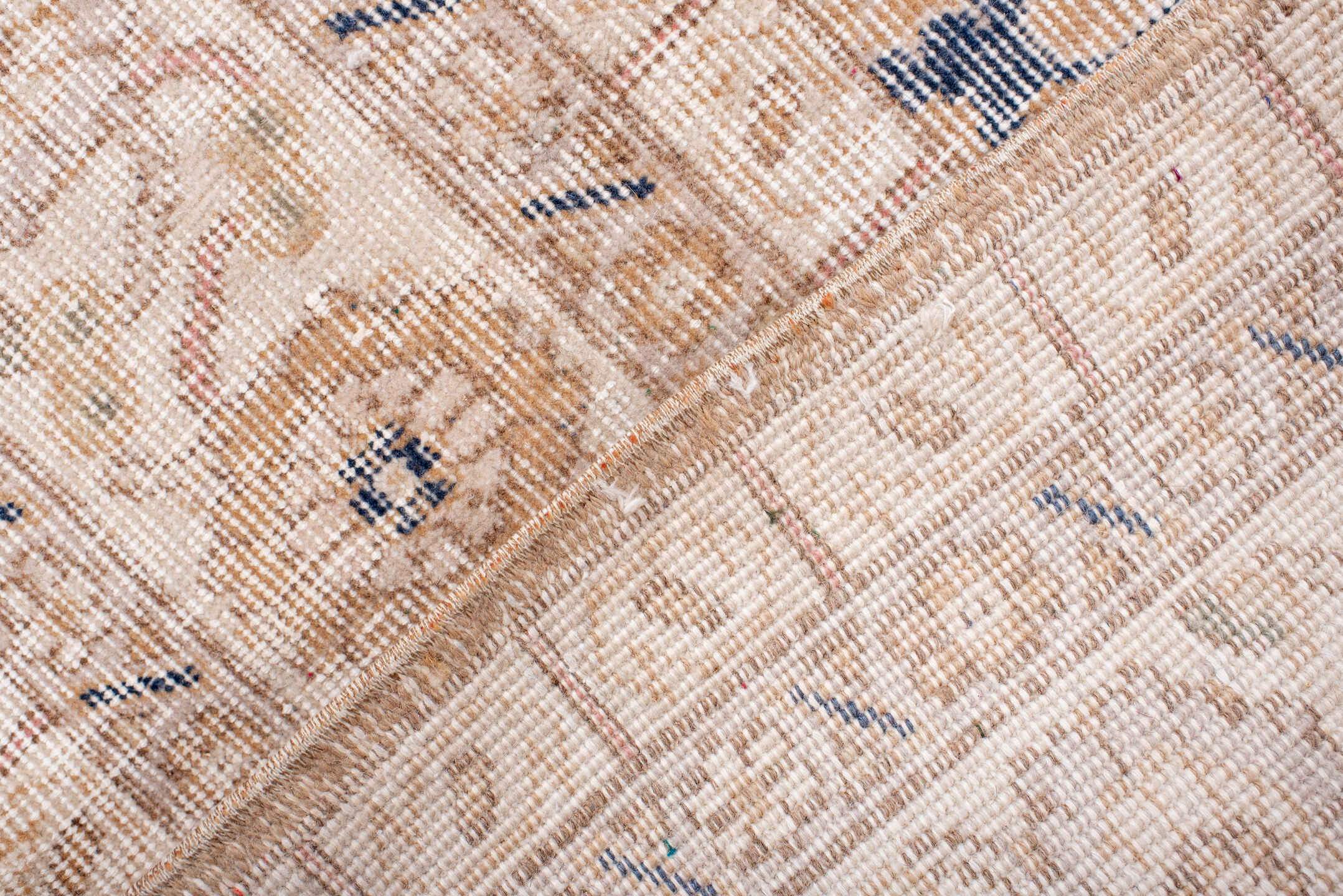 6' x 10' one-of-a-kind handmade vintage Sparta large size rug. Color palette: ivory, peach, beige, indigo, taupe, camel