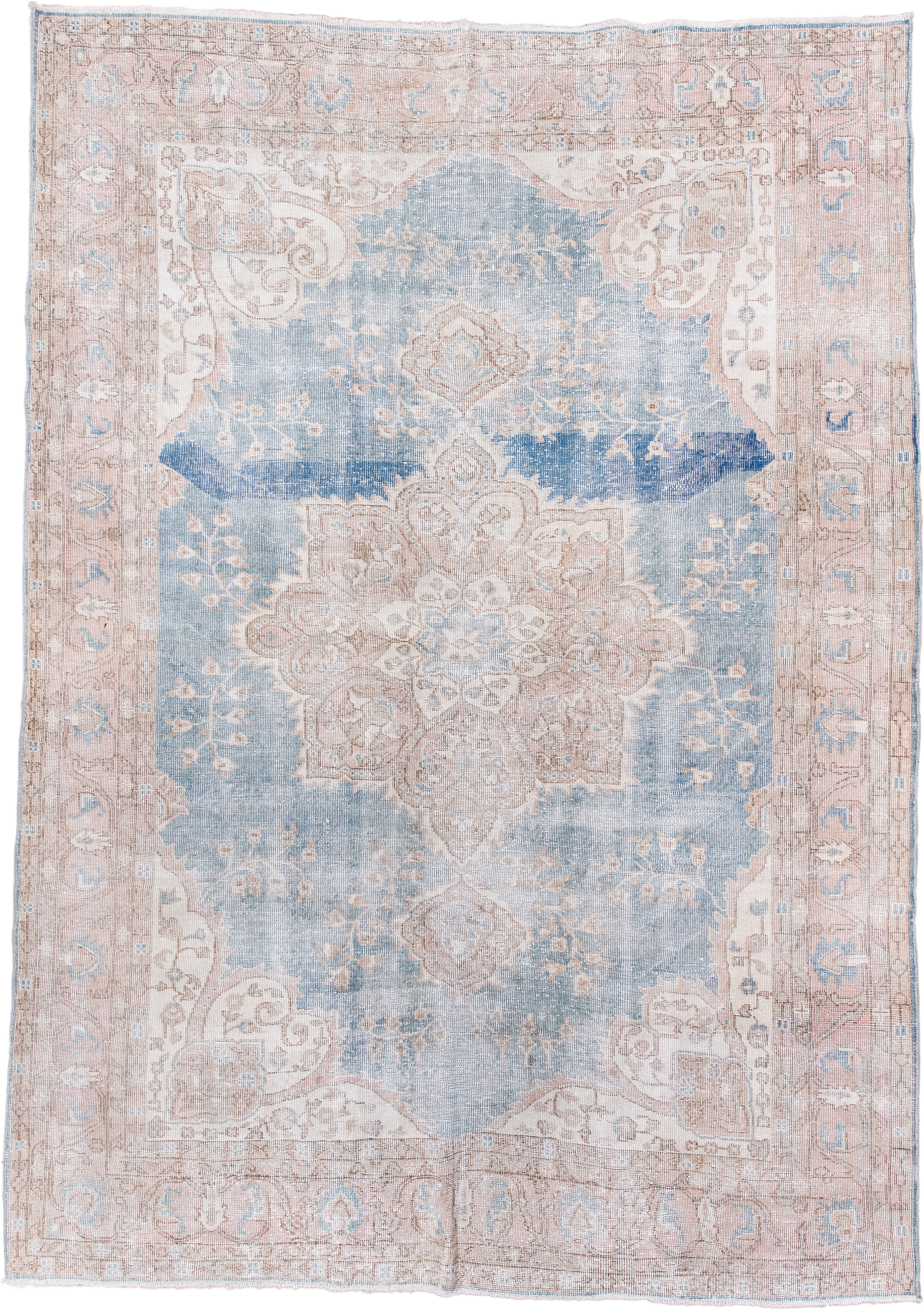 7' x 10' one-of-a-kind handmade vintage Sparta large size rug. Color palette: pale blue, blush, beige, ivory, taupe