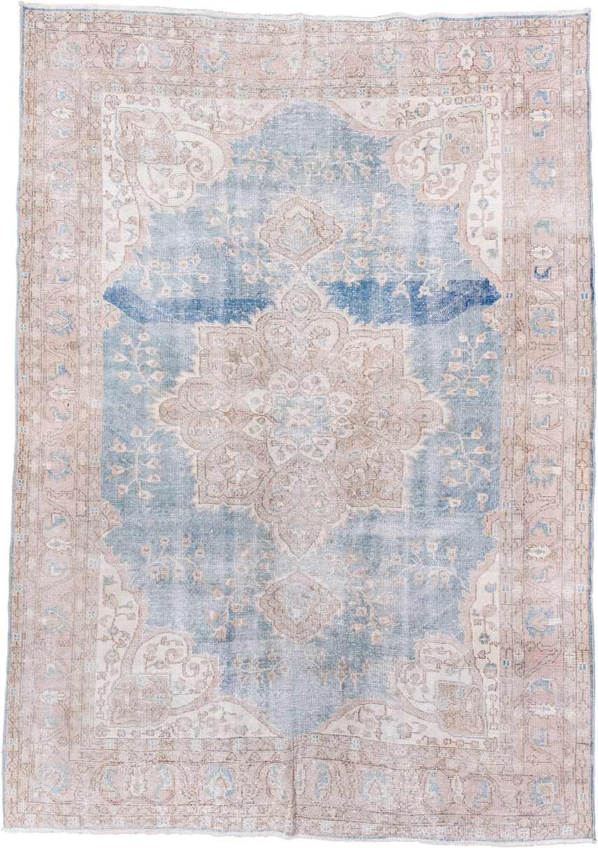7' x 10' one-of-a-kind handmade vintage Sparta large size rug. Color palette: pale blue, blush, beige, ivory, taupe