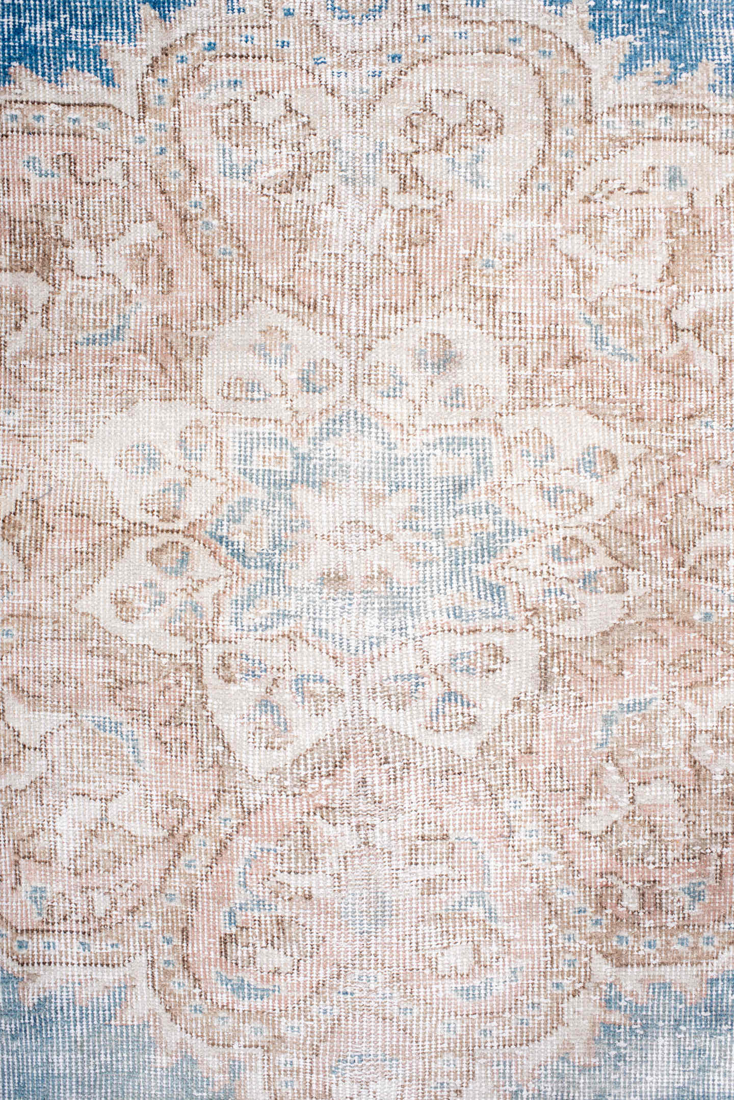 7' x 10' one-of-a-kind handmade vintage Sparta large size rug. Color palette: pale blue, blush, beige, ivory, taupe