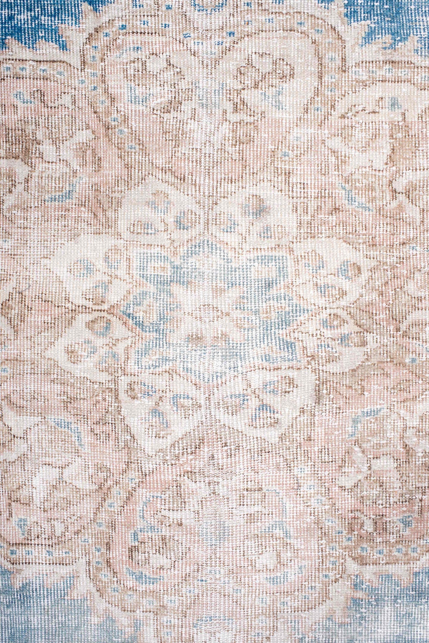 7' x 10' one-of-a-kind handmade vintage Sparta large size rug. Color palette: pale blue, blush, beige, ivory, taupe