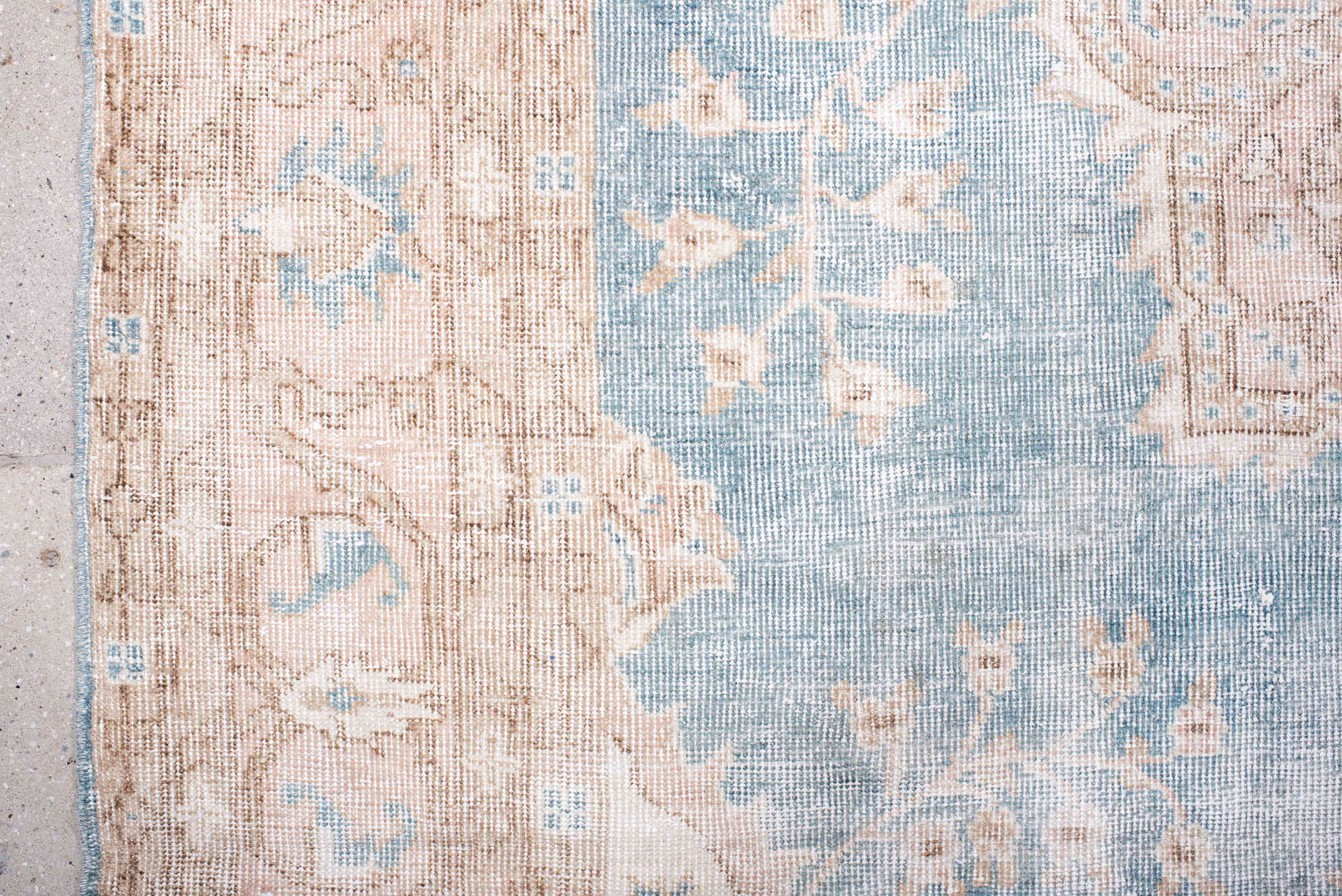 7' x 10' one-of-a-kind handmade vintage Sparta large size rug. Color palette: pale blue, blush, beige, ivory, taupe