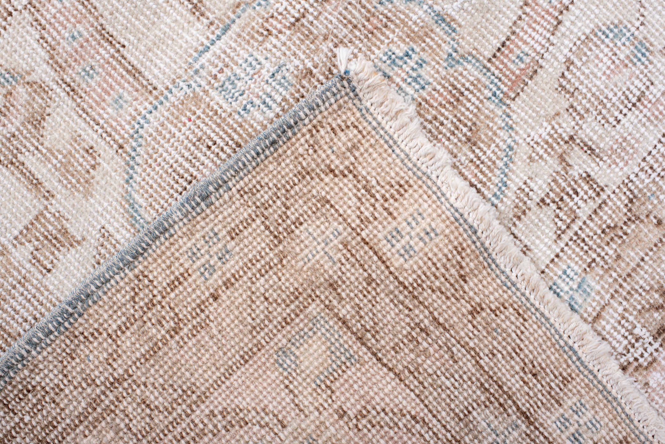 7' x 10' one-of-a-kind handmade vintage Sparta large size rug. Color palette: pale blue, blush, beige, ivory, taupe