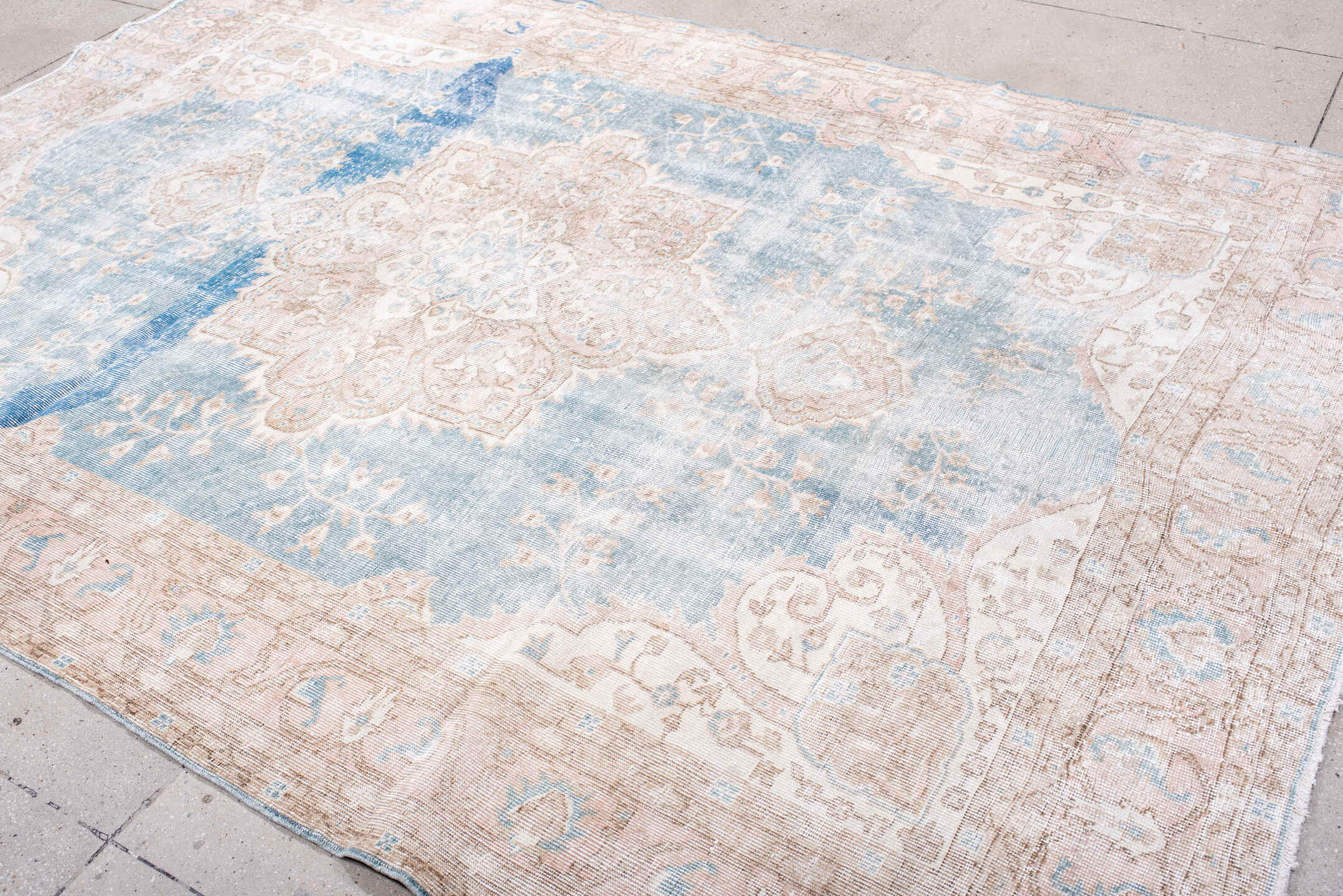 7' x 10' one-of-a-kind handmade vintage Sparta large size rug. Color palette: pale blue, blush, beige, ivory, taupe