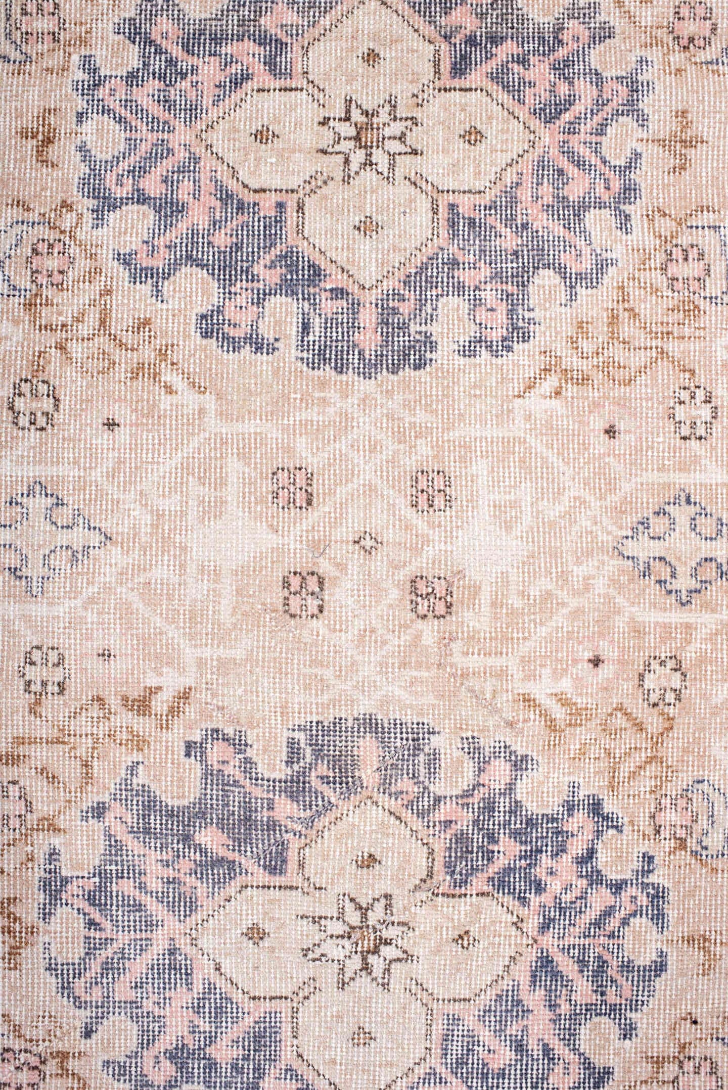 7' x 10' one-of-a-kind handmade vintage Sparta large size rug. Color palette: blush, ivory, powder blue, taupe, rose, camel