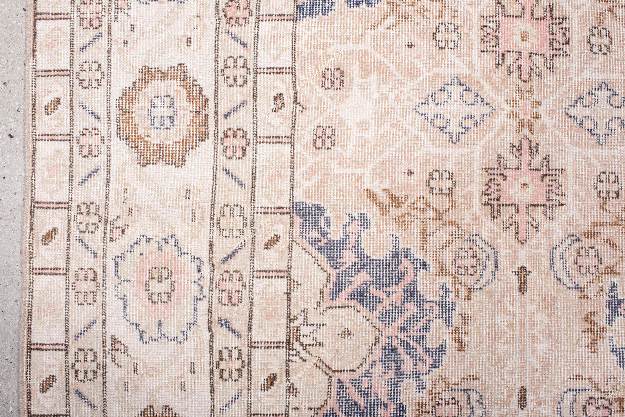 7' x 10' one-of-a-kind handmade vintage Sparta large size rug. Color palette: blush, ivory, powder blue, taupe, rose, camel