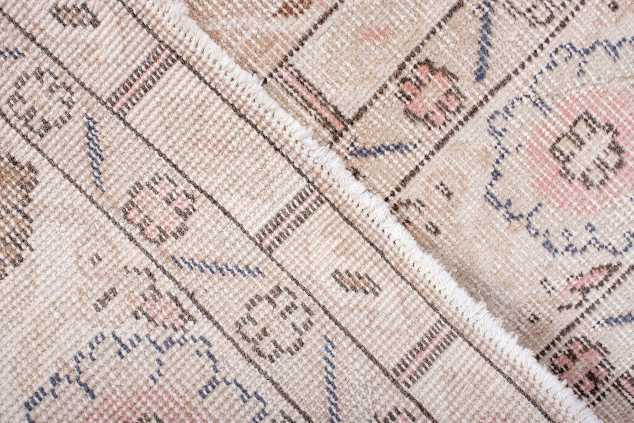 7' x 10' one-of-a-kind handmade vintage Sparta large size rug. Color palette: blush, ivory, powder blue, taupe, rose, camel