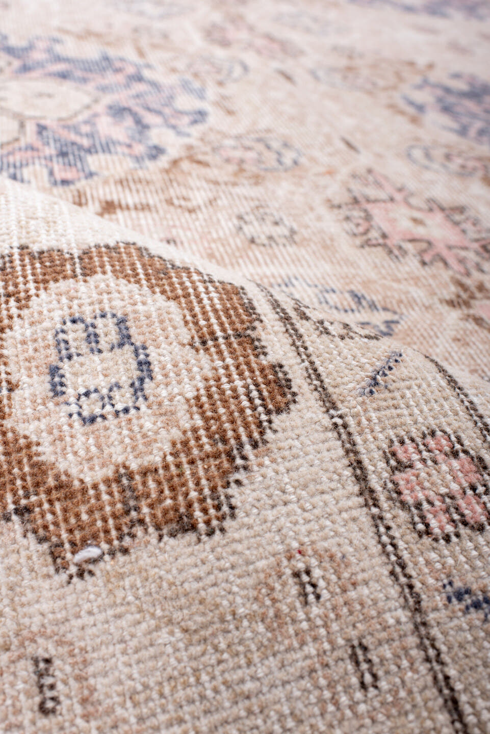 7' x 10' one-of-a-kind handmade vintage Sparta large size rug. Color palette: blush, ivory, powder blue, taupe, rose, camel