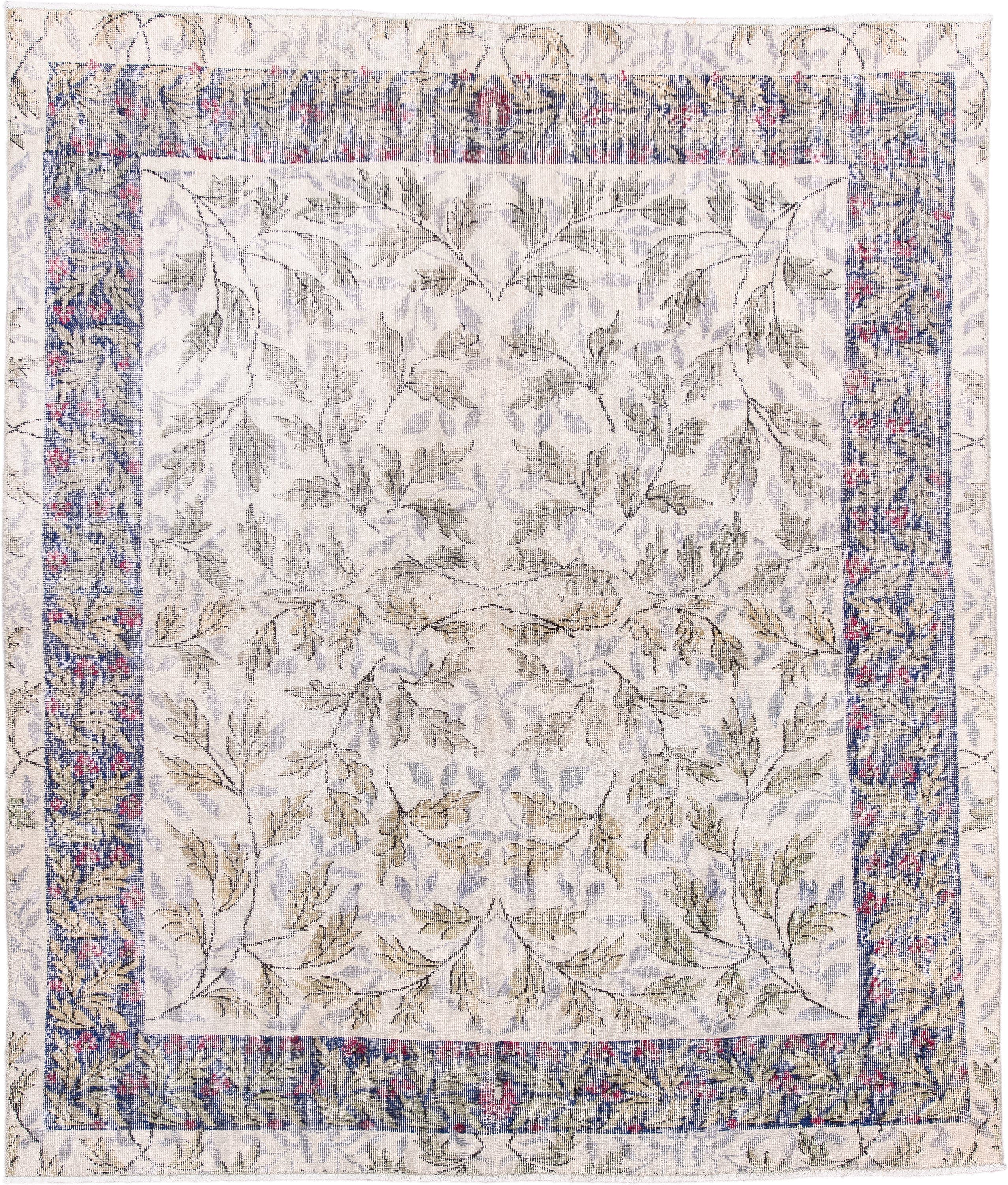 6' x 7' one-of-a-kind handmade vintage Sparta rug. Color palette: ivory, slate, sage, rose, taupe, cream, gray, green, pink