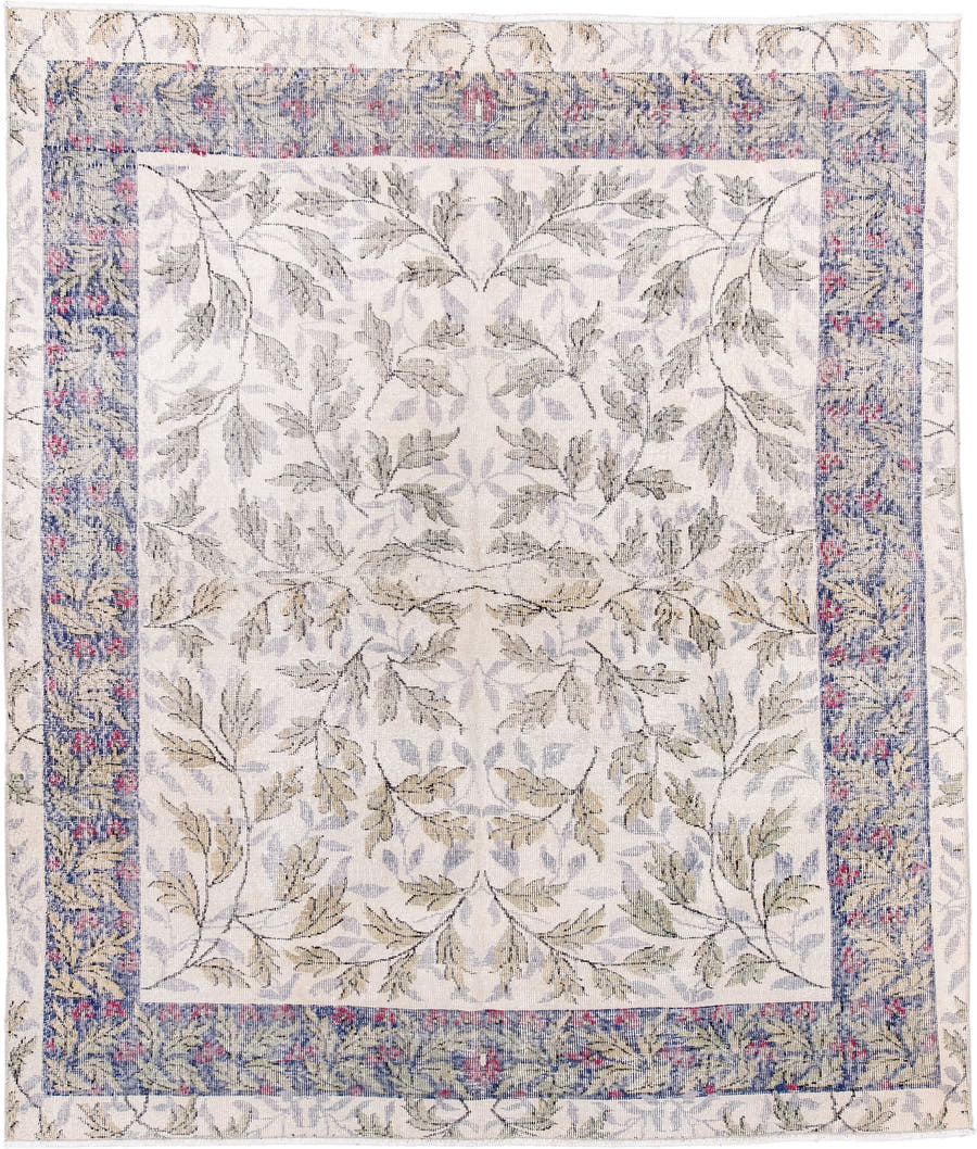 6' x 7' one-of-a-kind handmade vintage Sparta rug. Color palette: ivory, slate, sage, rose, taupe, cream, gray, green, pink