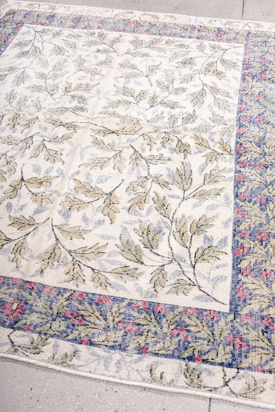 6' x 7' one-of-a-kind handmade vintage Sparta rug. Color palette: ivory, slate, sage, rose, taupe, cream, gray, green, pink
