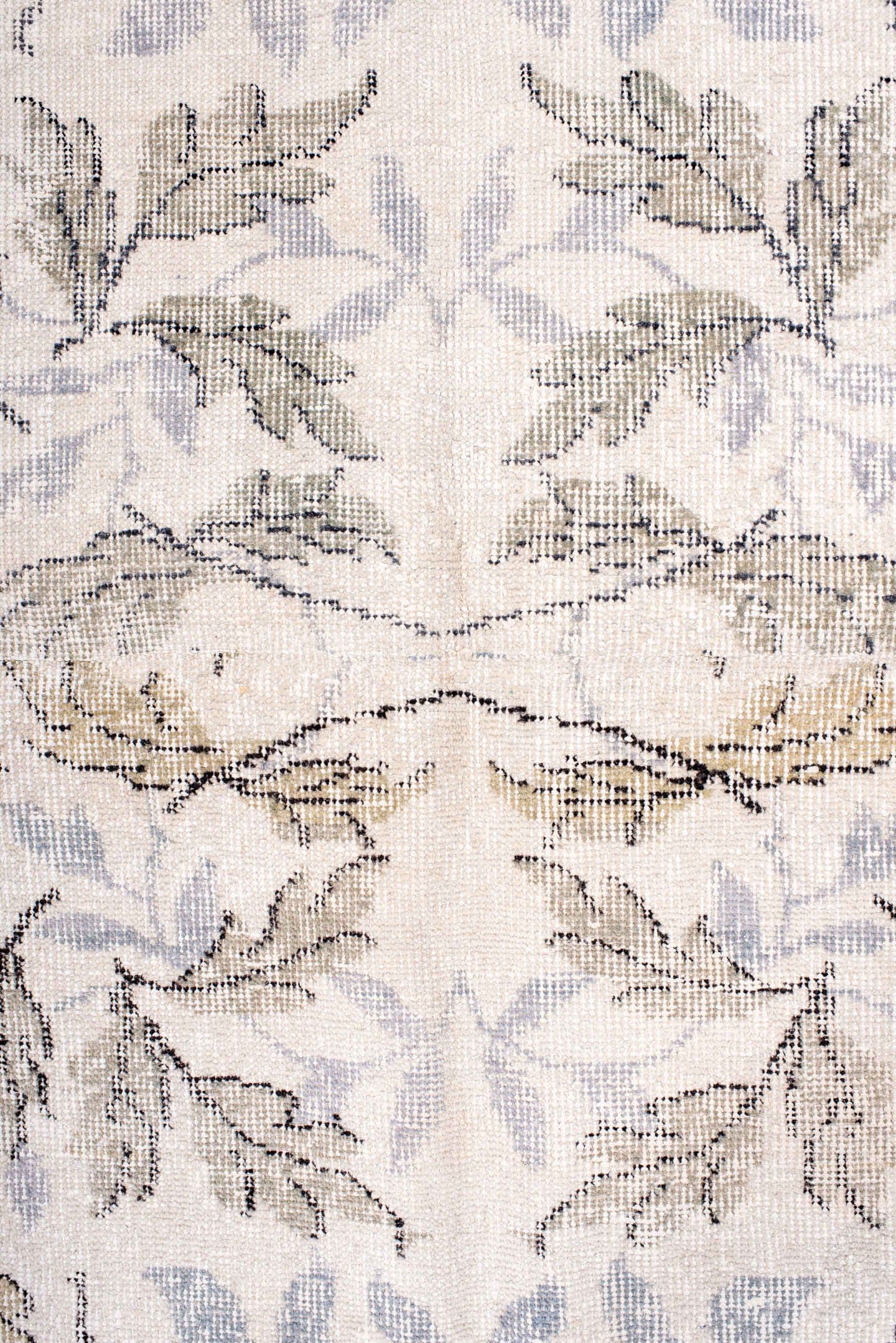 6' x 7' one-of-a-kind handmade vintage Sparta rug. Color palette: ivory, slate, sage, rose, taupe, cream, gray, green, pink