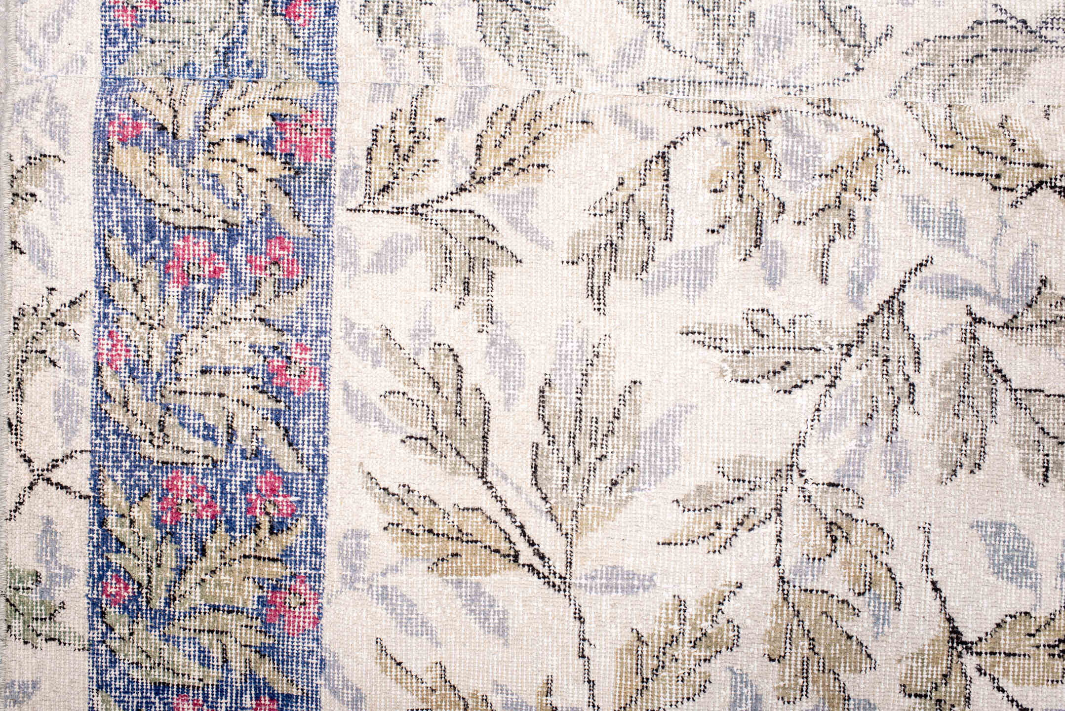 6' x 7' one-of-a-kind handmade vintage Sparta rug. Color palette: ivory, slate, sage, rose, taupe, cream, gray, green, pink