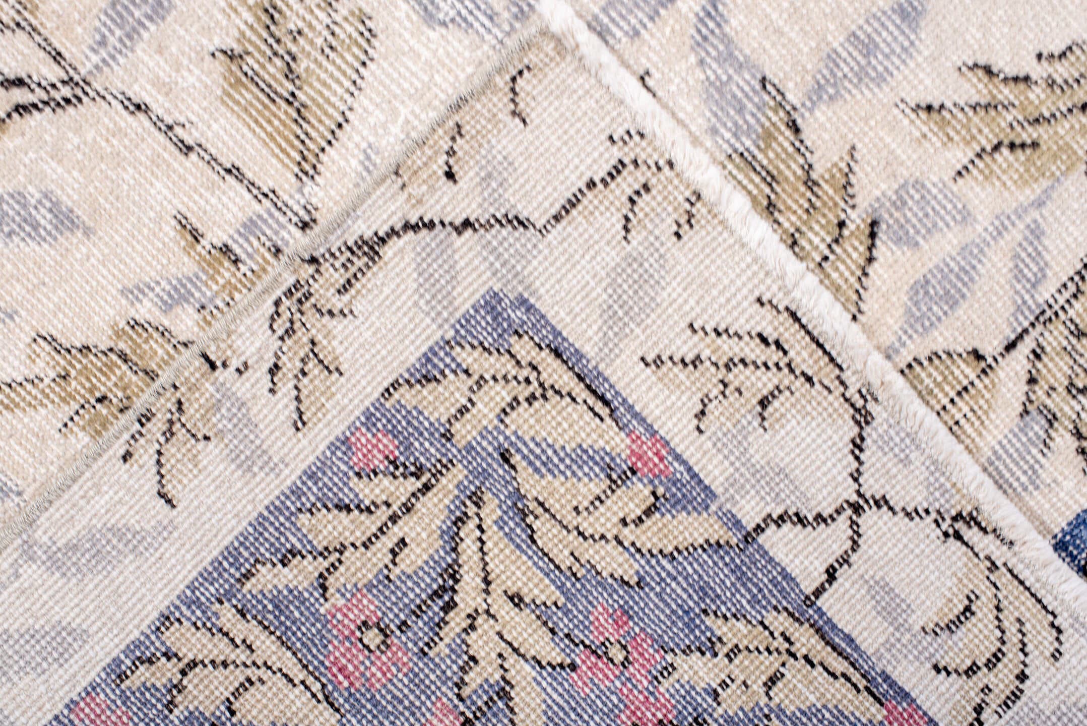 6' x 7' one-of-a-kind handmade vintage Sparta rug. Color palette: ivory, slate, sage, rose, taupe, cream, gray, green, pink