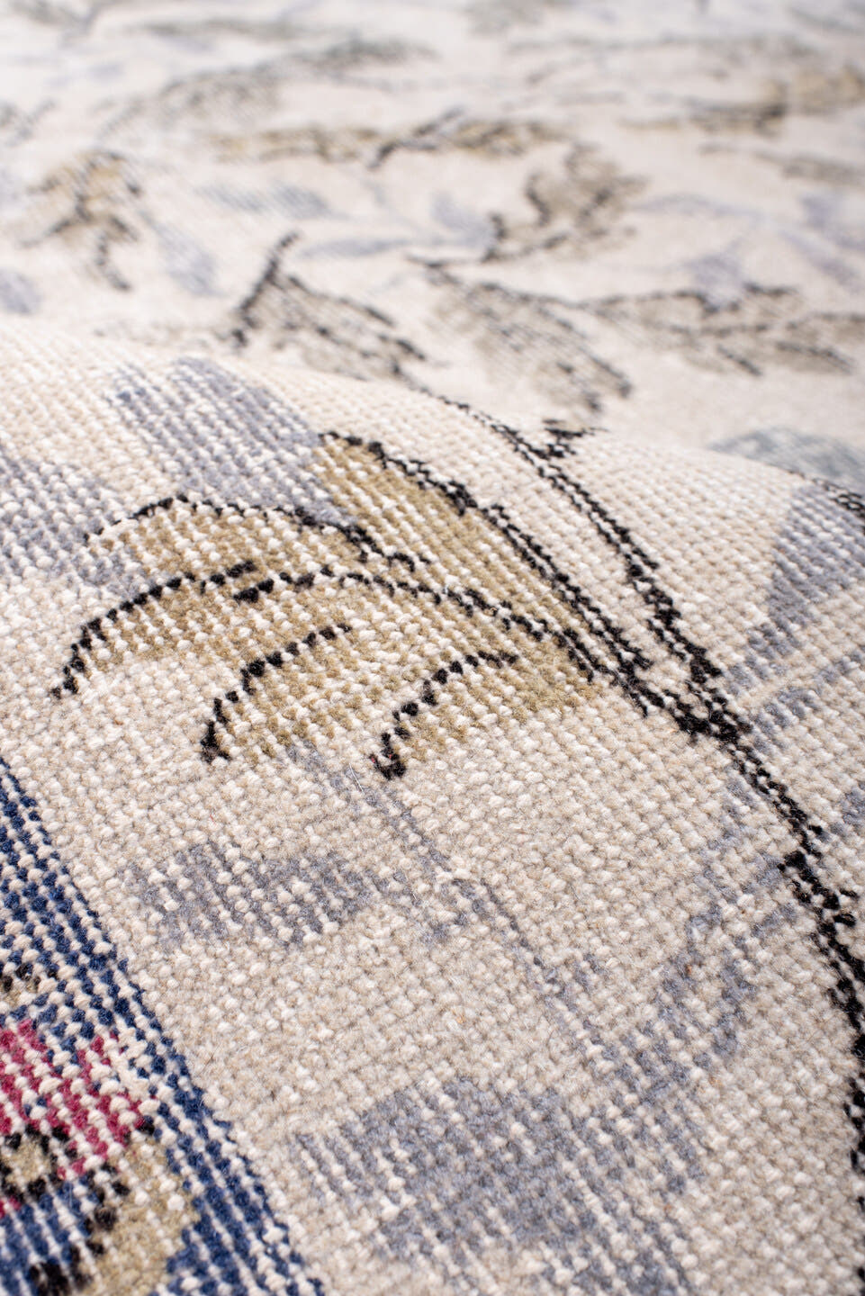 6' x 7' one-of-a-kind handmade vintage Sparta rug. Color palette: ivory, slate, sage, rose, taupe, cream, gray, green, pink