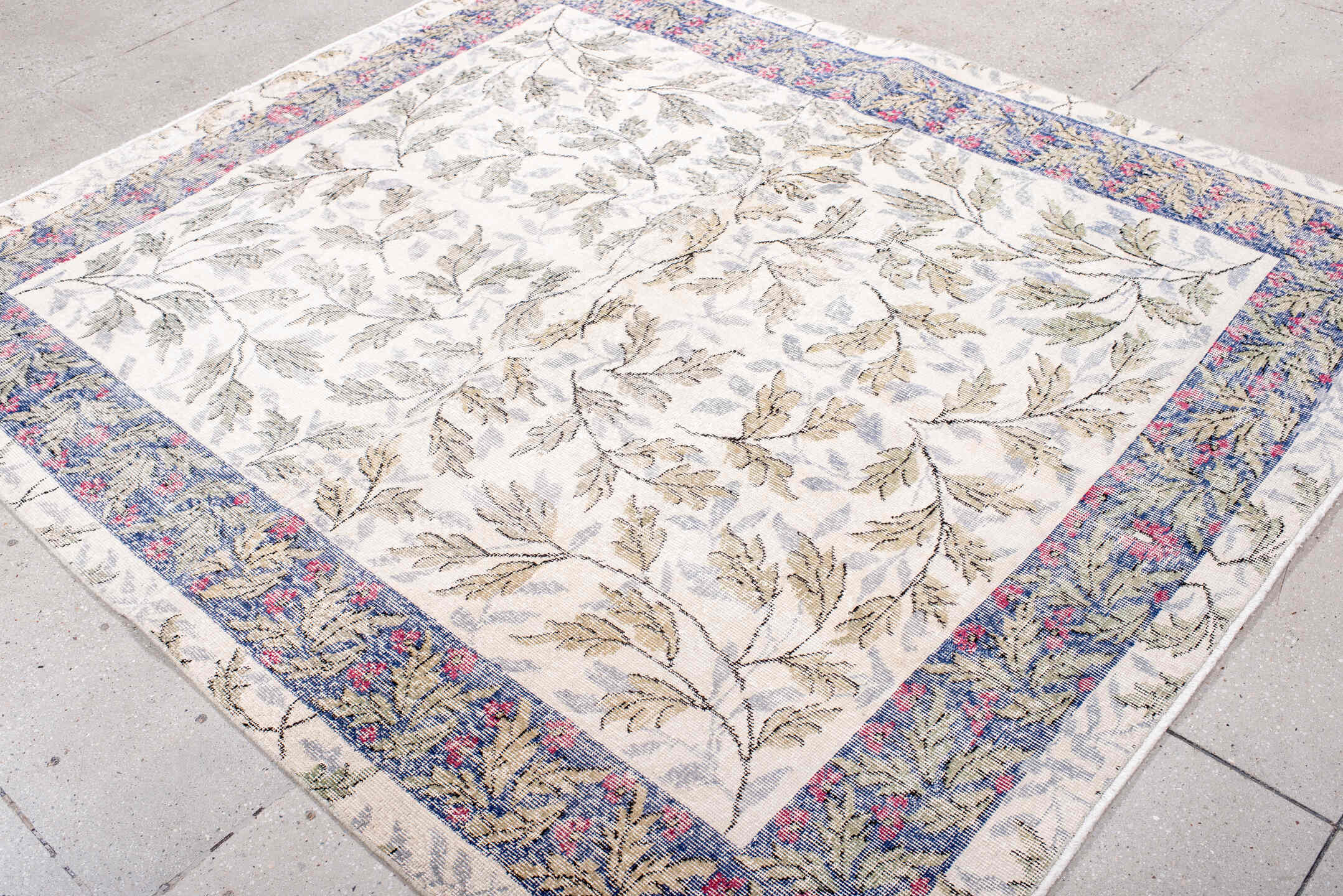 6' x 7' one-of-a-kind handmade vintage Sparta rug. Color palette: ivory, slate, sage, rose, taupe, cream, gray, green, pink