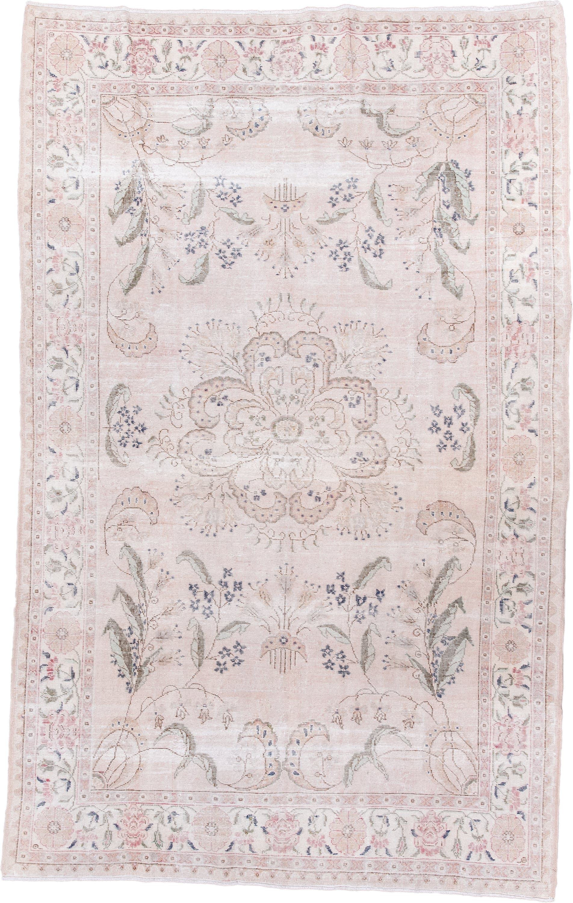 6' x 10' one-of-a-kind handmade vintage Sparta large size rug. Color palette: blush, ivory, pale pink, sage, dusty blue