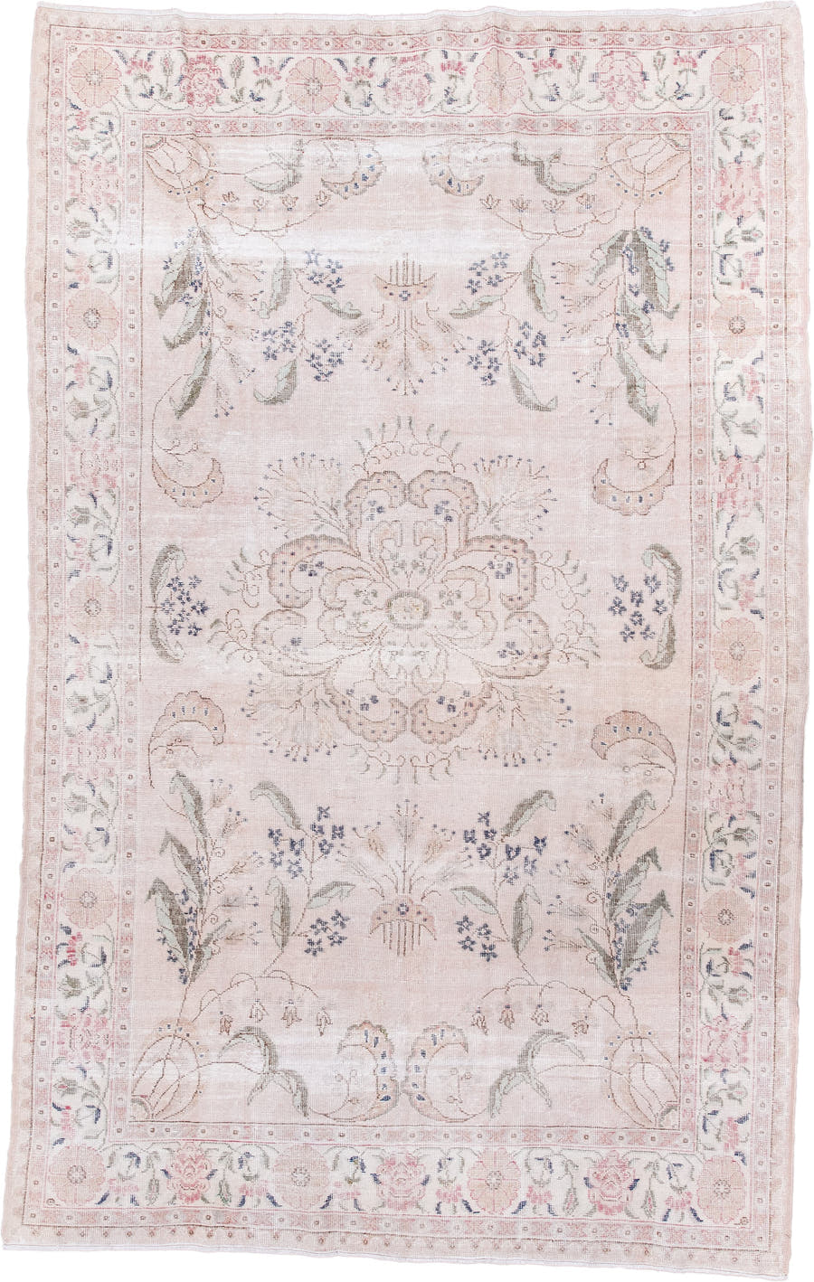 6' x 10' one-of-a-kind handmade vintage Sparta large size rug. Color palette: blush, ivory, pale pink, sage, dusty blue
