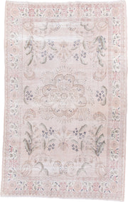 6' x 10' one-of-a-kind handmade vintage Sparta large size rug. Color palette: blush, ivory, pale pink, sage, dusty blue