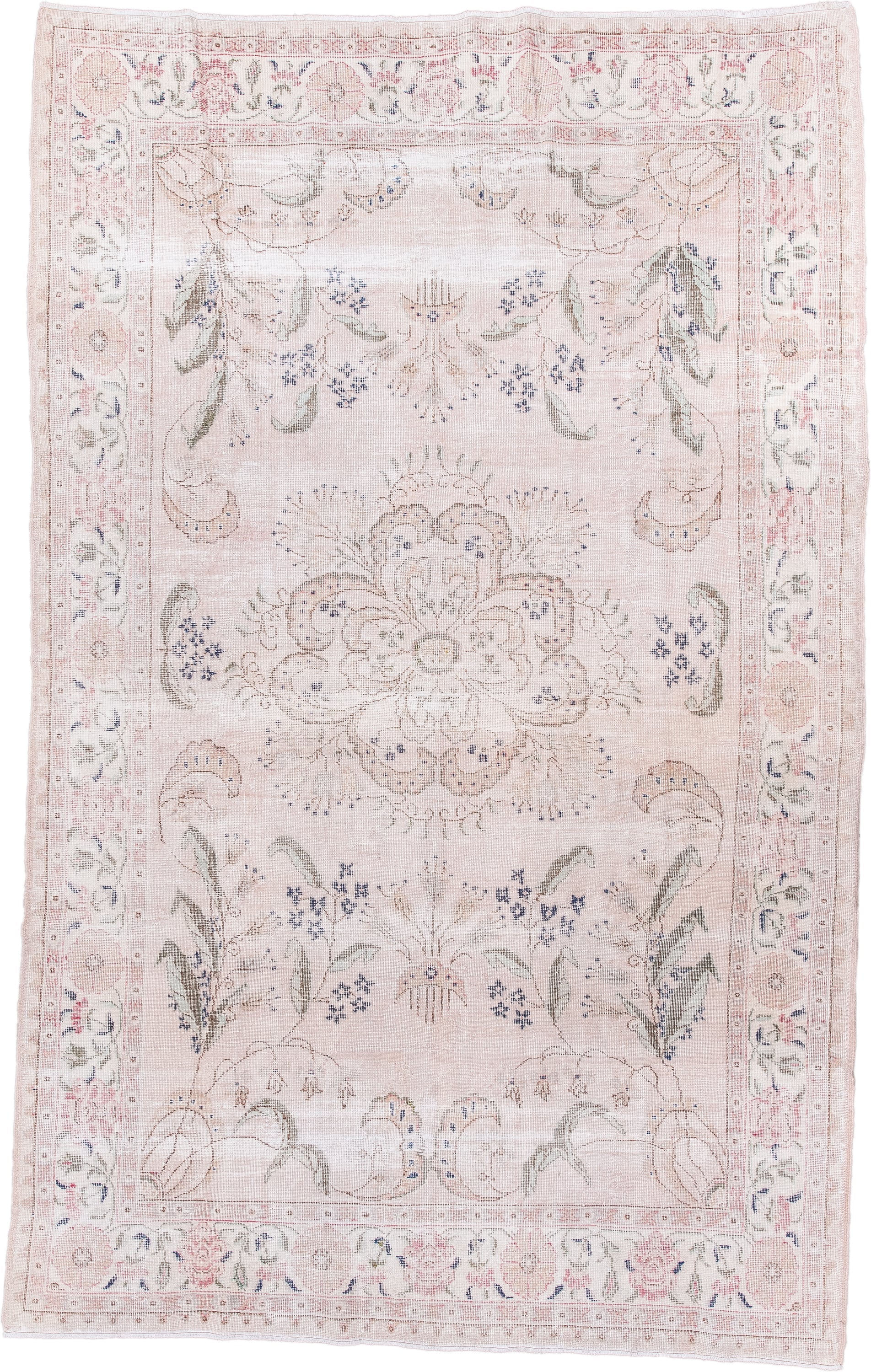 6' x 10' one-of-a-kind handmade vintage Sparta large size rug. Color palette: blush, ivory, pale pink, sage, dusty blue