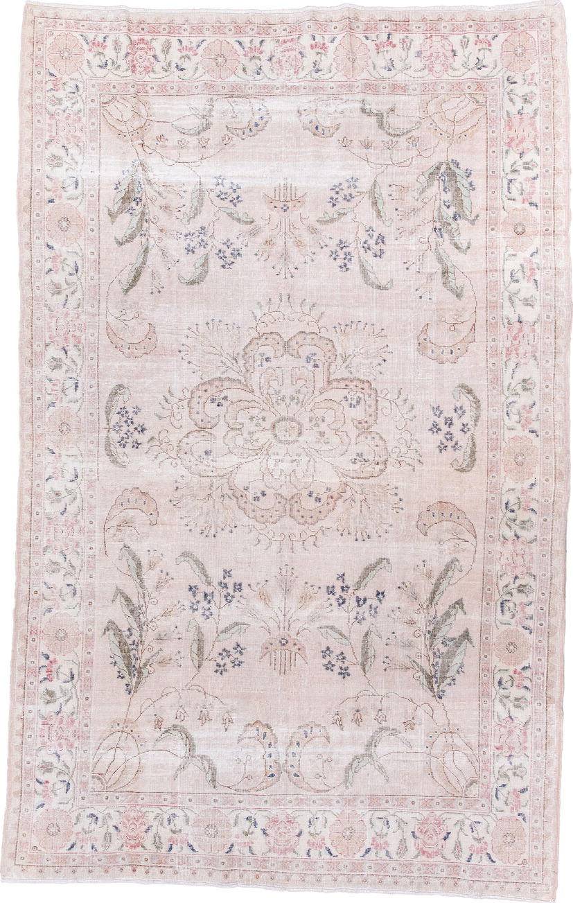 6' x 10' one-of-a-kind handmade vintage Sparta large size rug. Color palette: blush, ivory, pale pink, sage, dusty blue