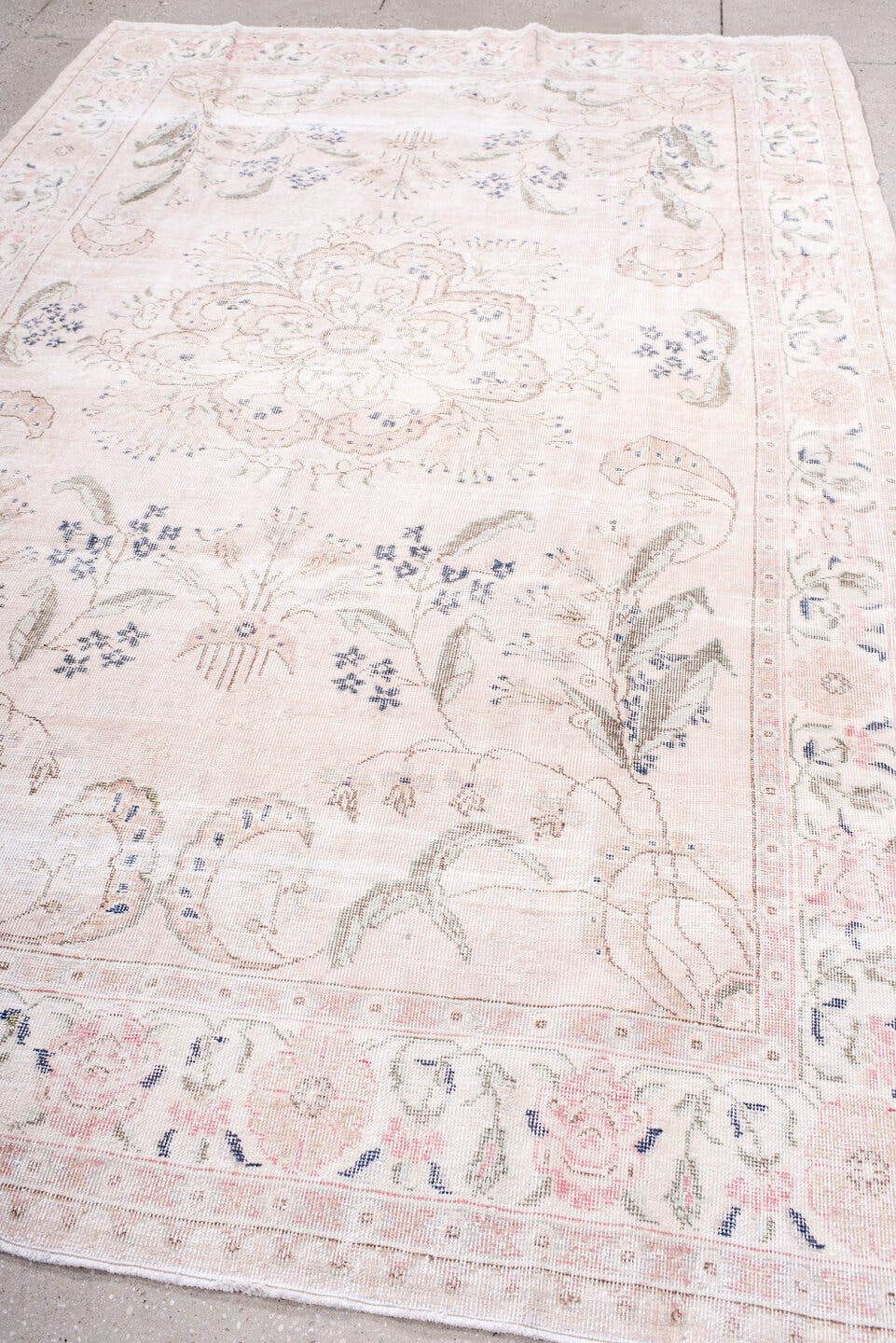 6' x 10' one-of-a-kind handmade vintage Sparta large size rug. Color palette: blush, ivory, pale pink, sage, dusty blue