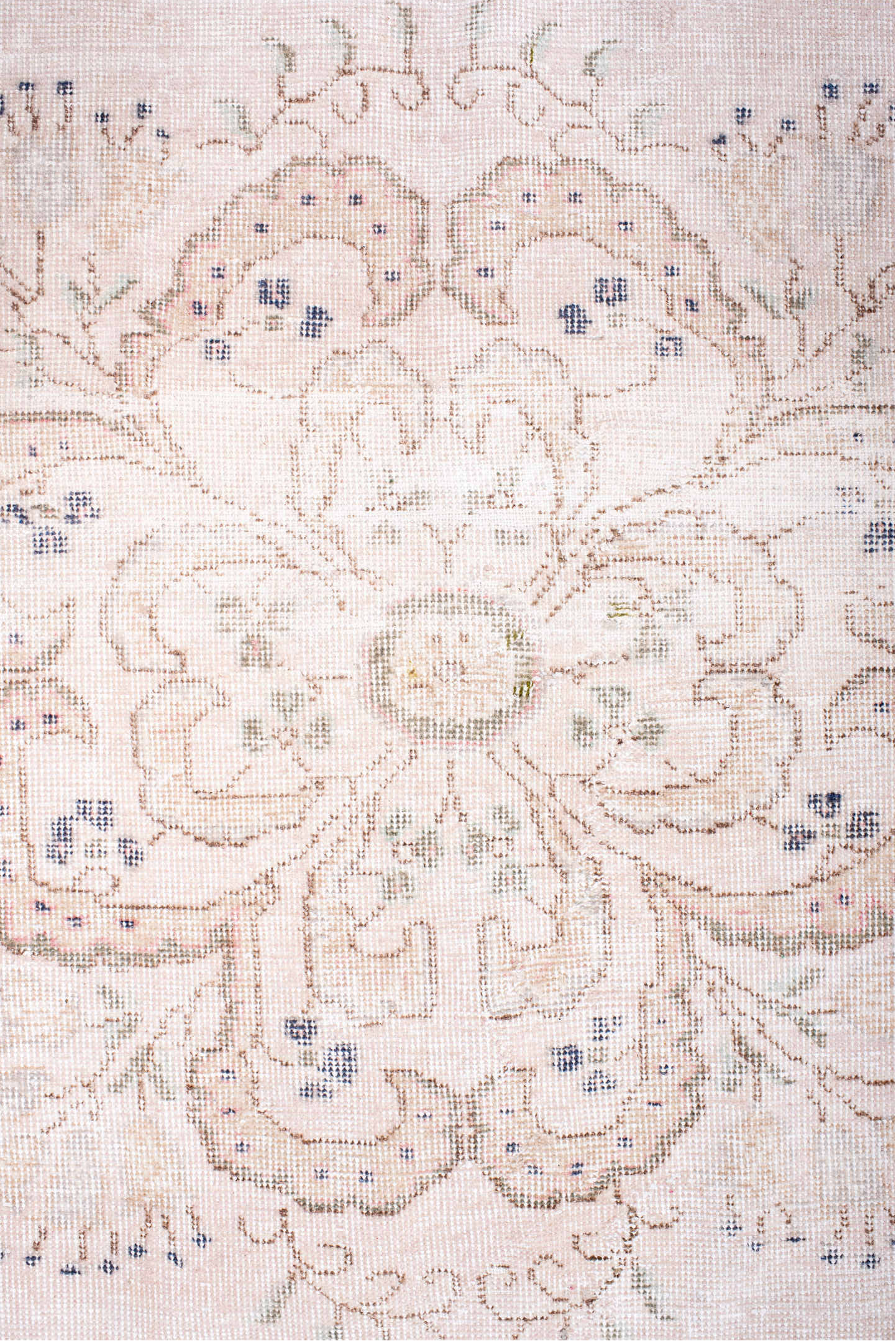 6' x 10' one-of-a-kind handmade vintage Sparta large size rug. Color palette: blush, ivory, pale pink, sage, dusty blue