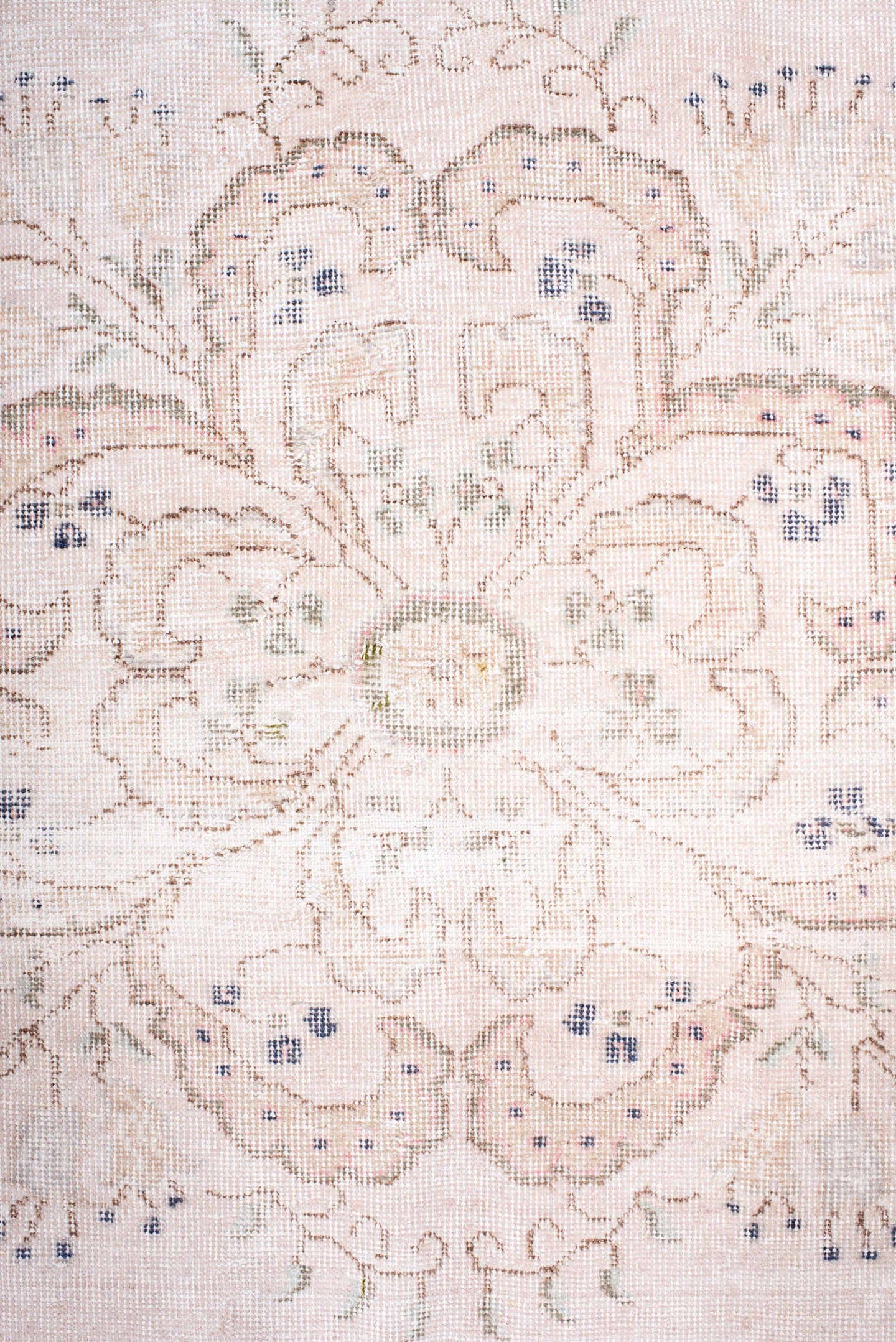 6' x 10' one-of-a-kind handmade vintage Sparta large size rug. Color palette: blush, ivory, pale pink, sage, dusty blue